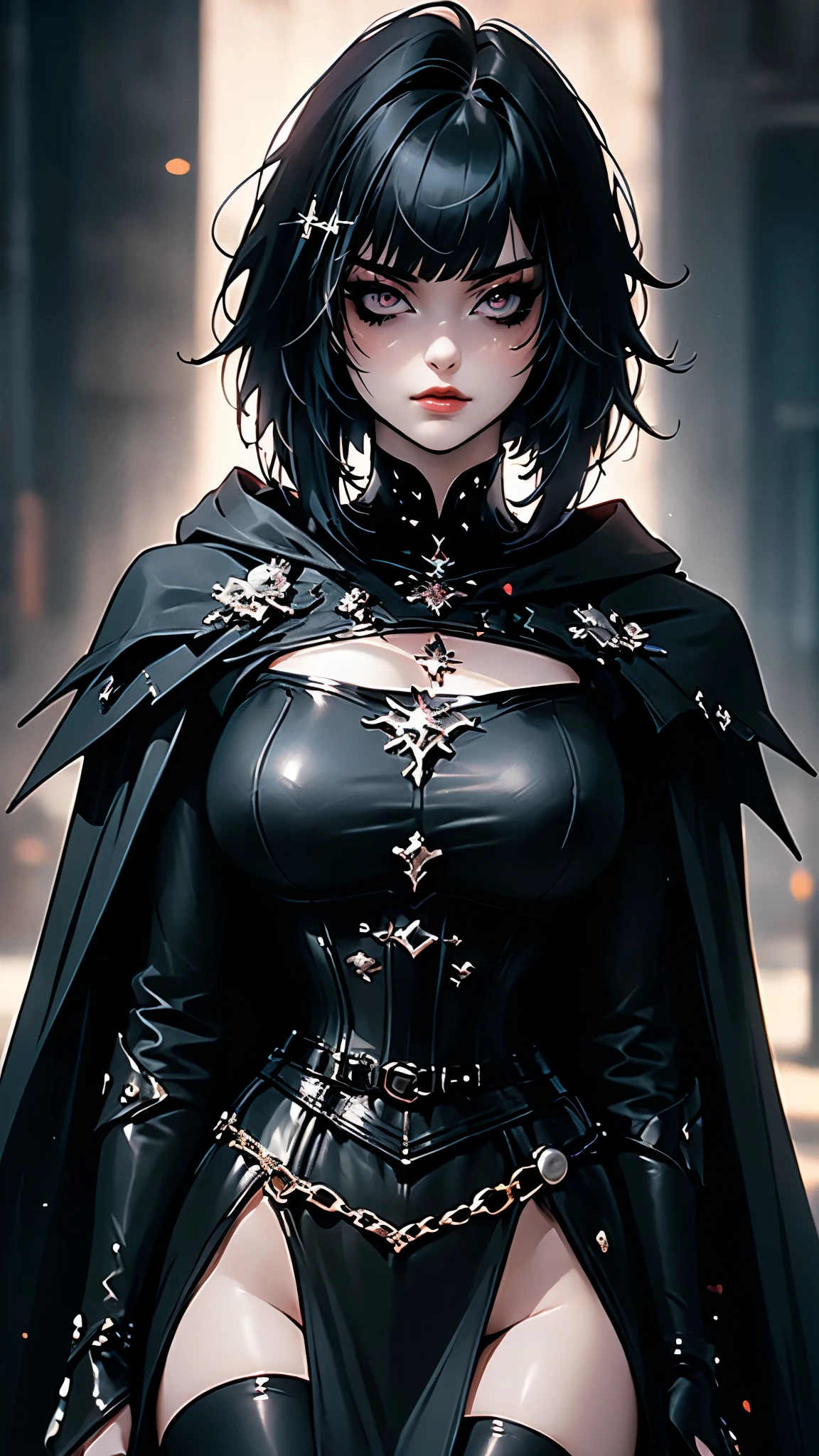 ((Masterpiece)), envision a 8k, highres, cinematic, extremely beautiful semi realistic full body pinup standing pose of a beautiful mature warrior woman with a mean face, slender (large breasts), soft face, ((long black hair)), side locks, long sweeping bangs, (black eyes), soft lips, lip gloss, thick eyebrows, (((ahoge))), Dress armor, maid knight armor, crusader, emo girl, corset, eyeliner, mascara, stickers, frowning, ((Black Cape)), skirt, boots, full body view, ((((1girl)))), in dark lighting, against a dark gray background