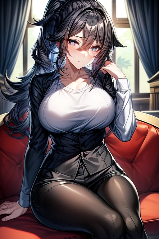 (Perfect work, Pretty face, Exquisite eyes), 1 woman, (cartoon), (woman), Black double ponytail curly long hair, Clearly defined pupils, university student, White shirt,Black pants,Calm,In the study,Sitting on the sofa and reading,morning,Curtains slightly lit,Loose clothing,White collarbone,The eyes of attachment