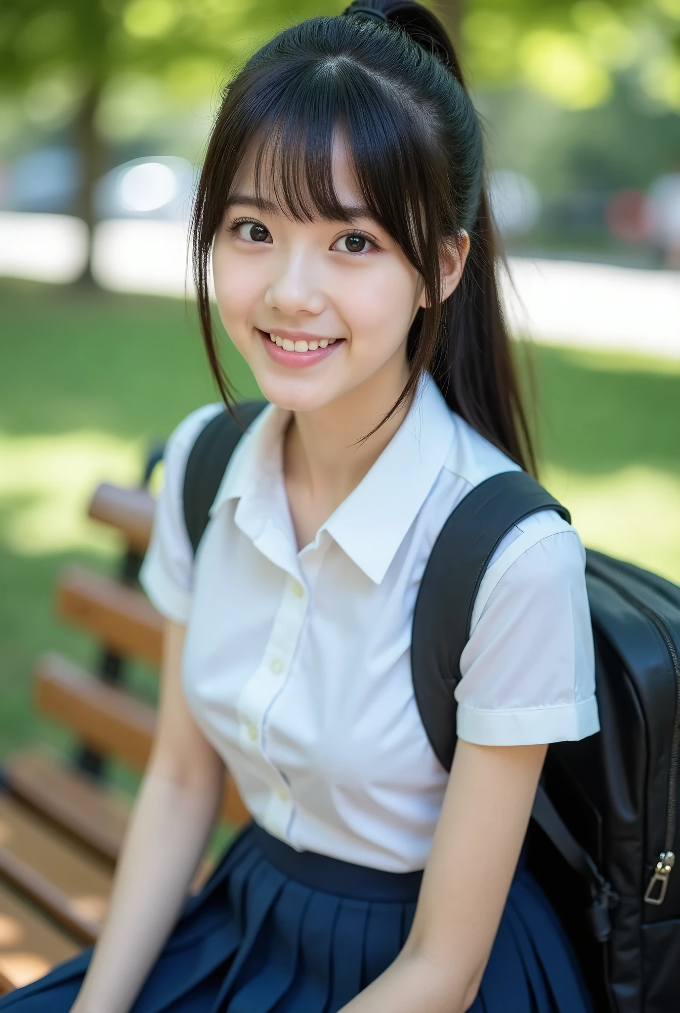 (masterpiece, best quality), 1girl, Alone,  Japanese female high school student, Beauty, Super cute idol-like face, Large eyes with double eyelids, Shiny black hair、With bangs、Ponytail Hair, (White shirt, Sailor school uniform, Navy blue pleated skirt), smile, Sitting on a beautiful park bench, Carry a school backpack, Real Photo