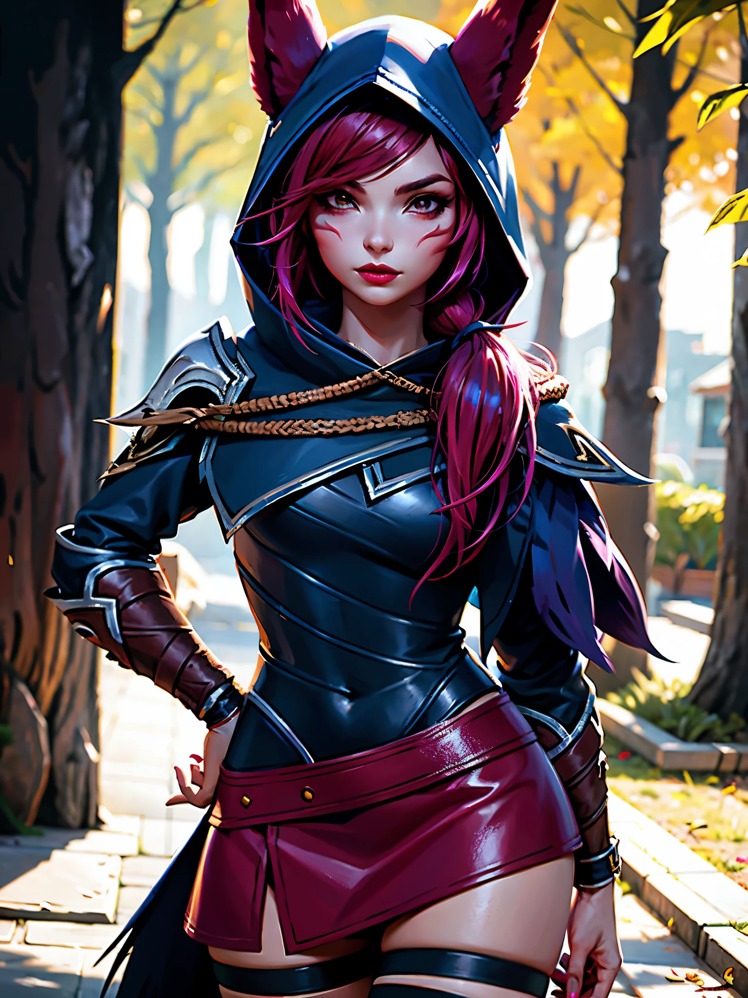 1 girl, 3d, afterimage, rote Haar, breasts, pull clothes, Animal ears, (xayah Hoodie), (xayah Cape), Cowboy-shot, contrasting sleeves, looking down at viewer, Head out of frame, xayah (League of Legends), lips, Long hair, medium breasts, alone, tight attire, tight Hose