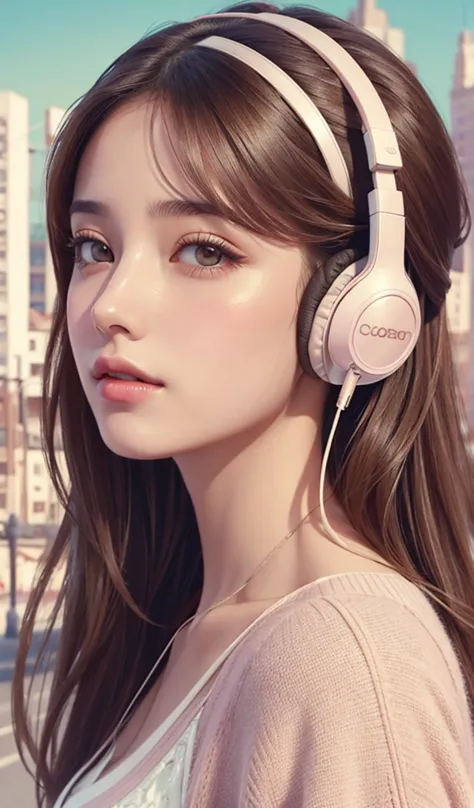 model girl wearing headphones, city background, brown eyes, intricate details, aesthetically pleasing pastel colors, poster back...