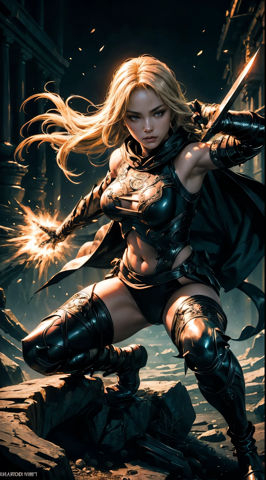 a blonde female rogue, in a black hooded clothes with ornaments, fighting pose with two daggers, dynamic full body pose,A surreal, dreamlike scene .This stunning image captures the essence of a powerful female character, rendered in intricate detail and  the meticulous depiction of flowing hair, intricate armor, and determined expression. 