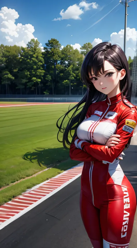 female racer in red racing suit stands in front of red racing sport car　purple hairkomi shouko　monza circuit　standing large brea...