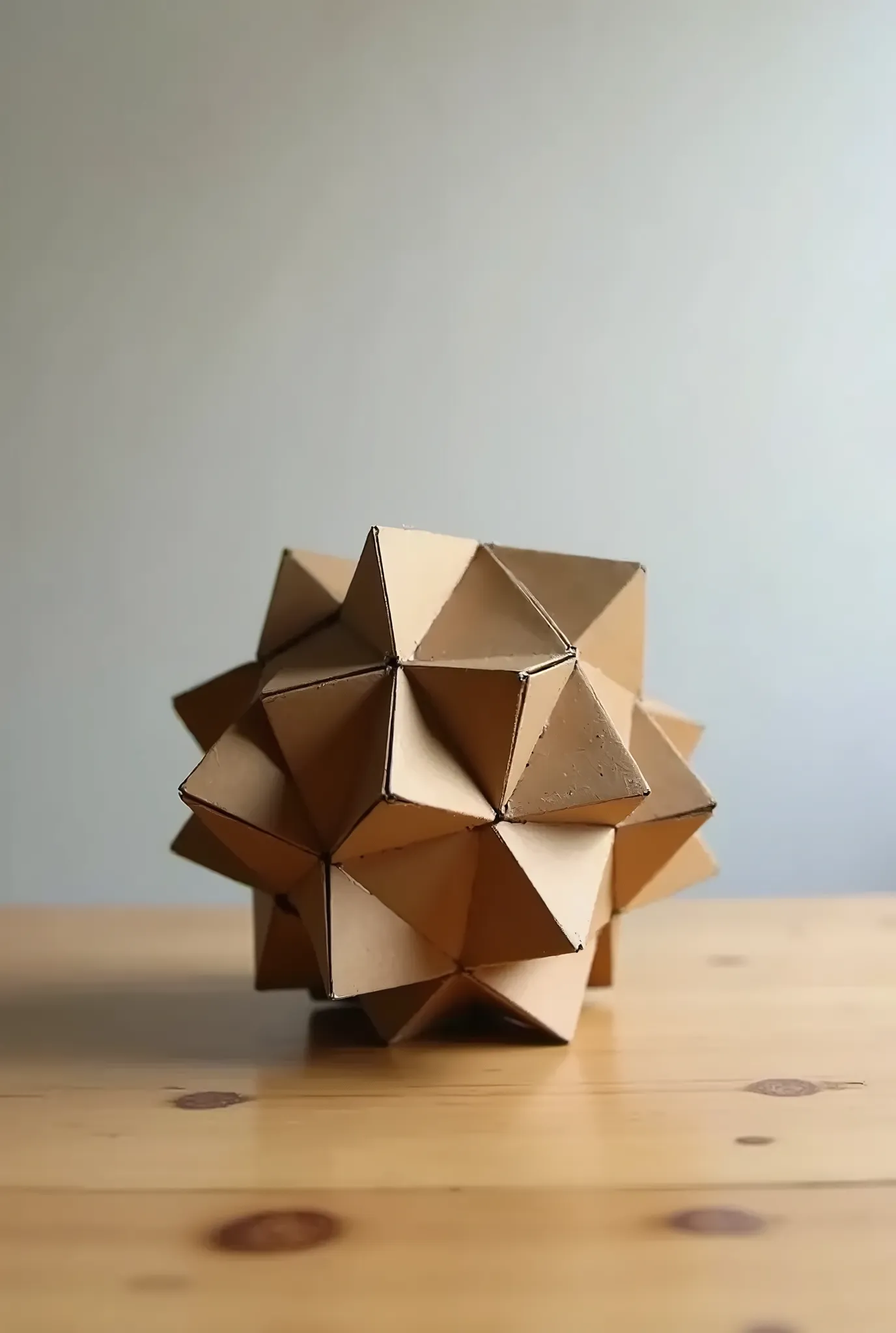 Stellated Dodecahedron Made with 10 folded strips of cardboard paper, on a table