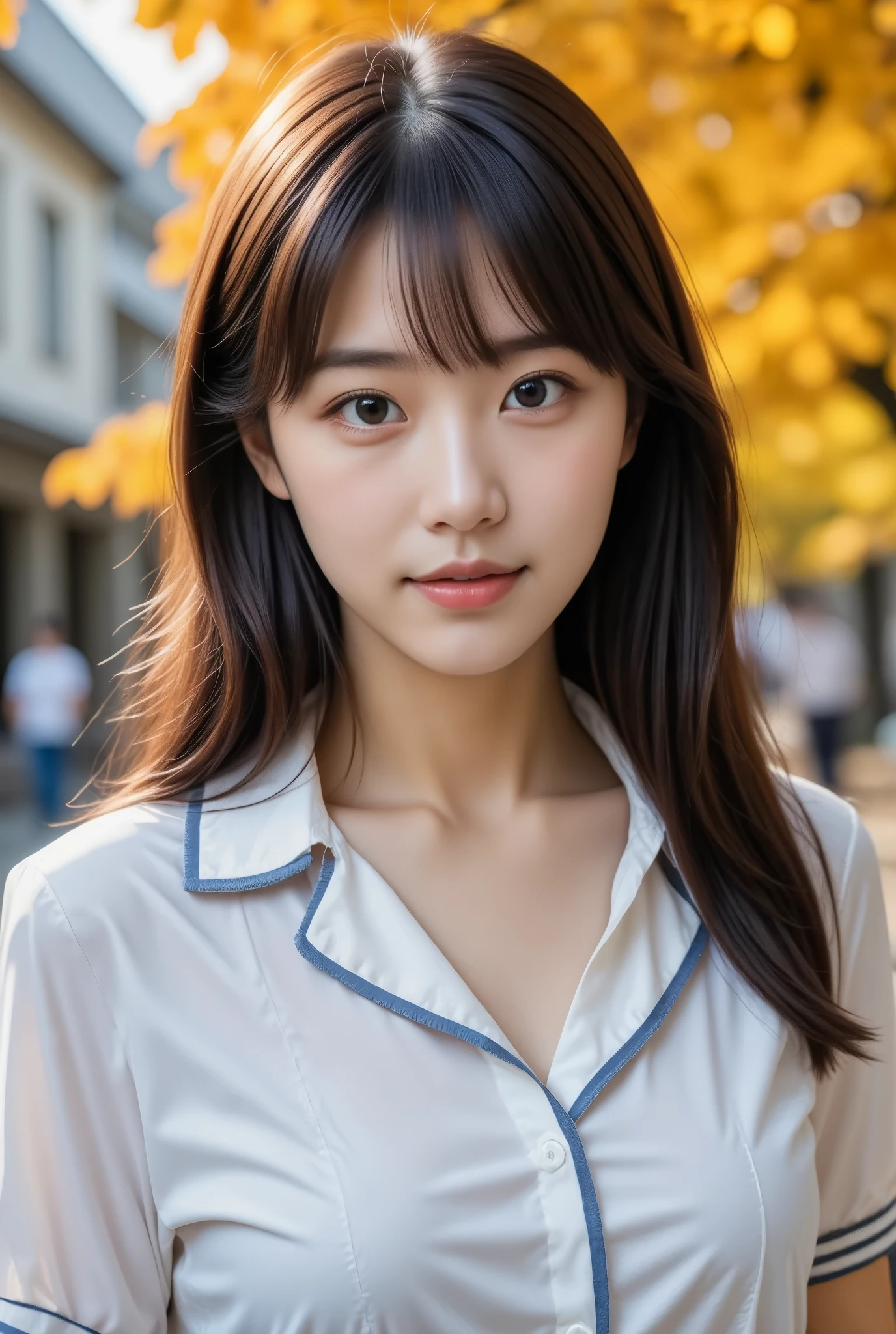 (Realistic:1.3, Photorealistic:1.5, RAW Photos, Model Photo), Magazine cover photo, She is an up-and-coming Japanese fashion model., (Her face is that of a Japanese actress、Similar to Riho Yoshioka (beautiful, Narrow eyes, Straight nose, Small lips,  a base-shaped face... a refreshing face with a well-balanced mix of straight lines  curves, Deep Eyes):1.3), Everyone dreams of a perfect body, (A small smile:1.1), Symmetrical eyes, 明るい茶colorの目, Double eyelids, Thin eyebrows, Thin lips, Glossy lips, White skin, Thin legs, Thin legs, (Highly detailed skin:1.2), Firm Skin, (Realisticな肌:1.2),  (super detailed eyes:1.2), 
break 
(1 girl:1.3, Alone:1.3, 2:1.3), ((software:2.0, nude:0.5)), ((Medium large breasts:1.3)), (Accentuated breasts:1.3, Movie chest, Shapely breasts:1.1, Perfect body), 
(Layered hairstyle, Medium Long Hair:1.3), Loosely wavy hair, Side-swept bangs, (Happy smile:1.1), 
break 
casual fashion, ((Mixed Fashion (Potted plants in the pot Off-the-shoulder Georgette flared button-up blouse(color : pastel color), Short sleeve)  (Maxi Dresses), (Stylish shoulder bag), (Stiletto heels))
break 
(Autumn atmosphere:1.3, (Under the big ginkgo tree in the school courtyard, which was beautifully colored in Orange):1.2), 
(((Upper body close-up:1.5))), (オレンジcolorのイチョウの葉を見上げながら、Tuck your hair behind your ears:1.5), 