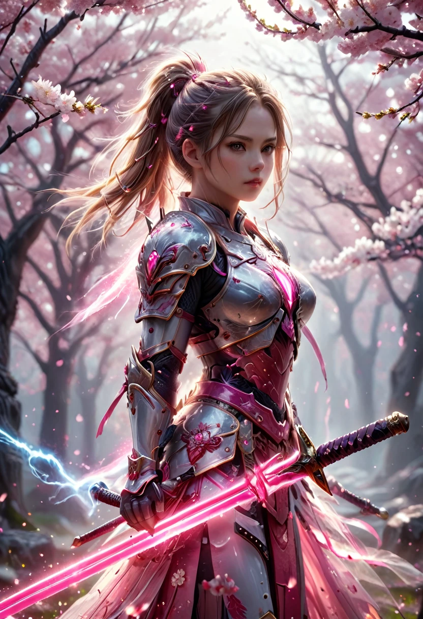 Great quality, masterpiece, Best Quality, Super detailed, Super detailed, Ultra-high resolution, Perfect Anatomy, Blurred Background, Outdoor,( Cherry Blossoms:0.6), fog, Studio Lighting, Bright foreground, Face the viewer,
(Pink Hybrid White) armor, woman, holding, Ral Electruzt Sword, ponytail, Shine, Shine, dazzling,
HKStyle,
Very detailed,
