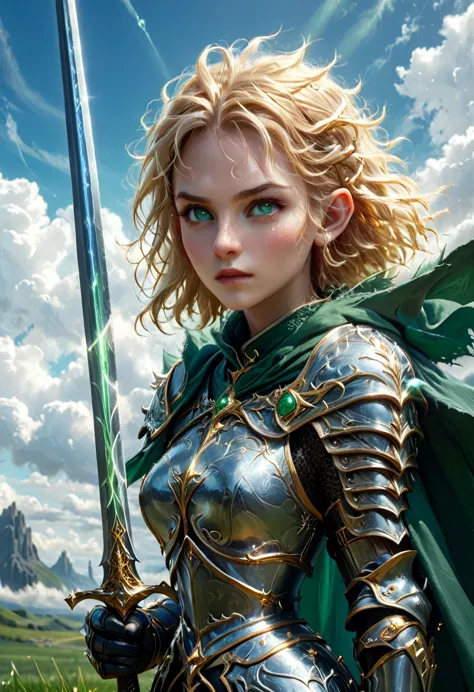 elven knight, tiara, female elf,female, white skin, exquisite beauty, golden hair,short bob, wavy hair, small pointy ears, green...