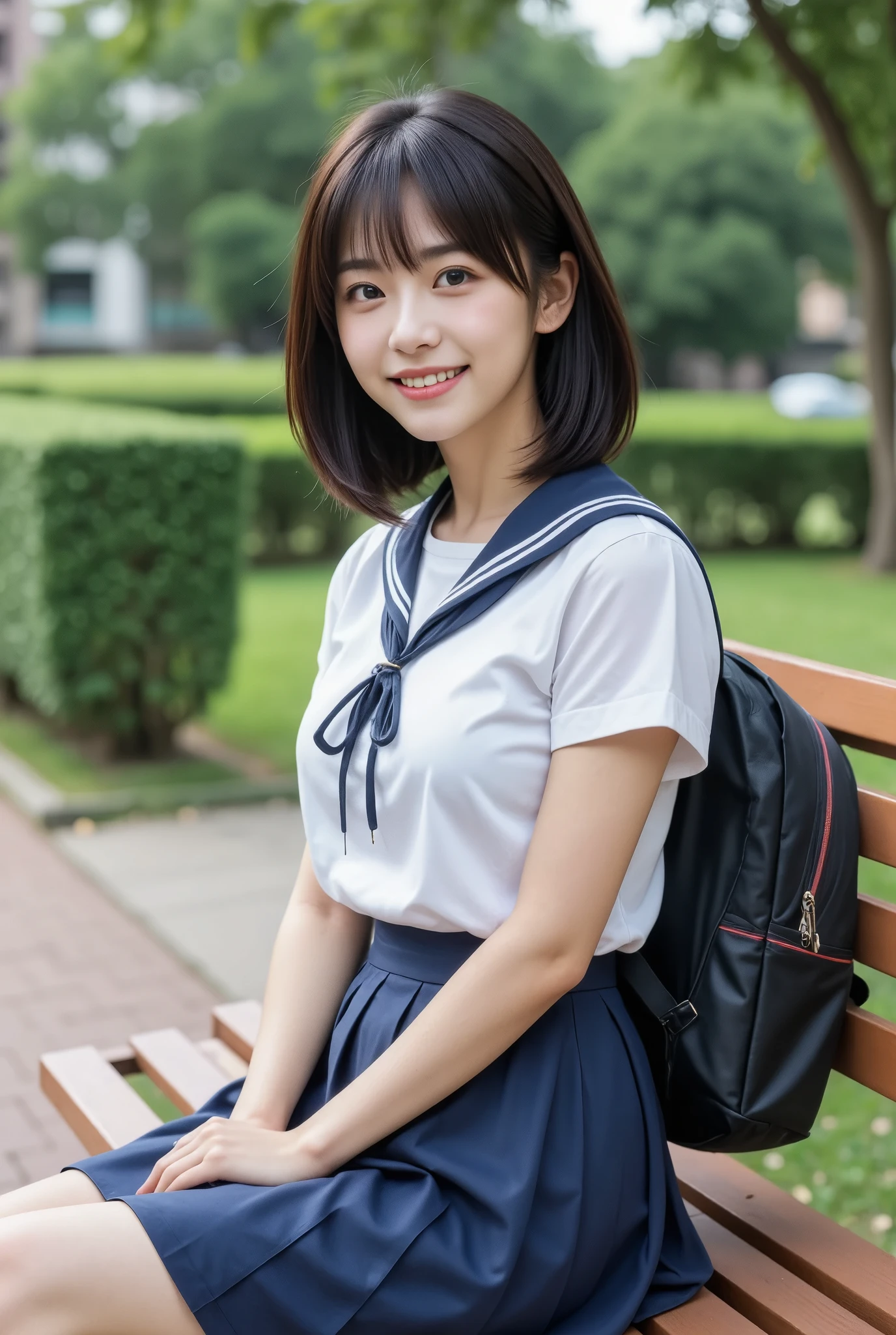 (masterpiece, best quality), 1girl, Alone, ,View your viewers, Young Japanese Woman, High school girl, Beauty, Shiny black hair、With bangs、Slightly longer bob hair, (White shirt, Sailor school uniform, Navy blue pleated skirt), smile, Sitting on a beautiful park bench, Carry a school backpack, Real Photo