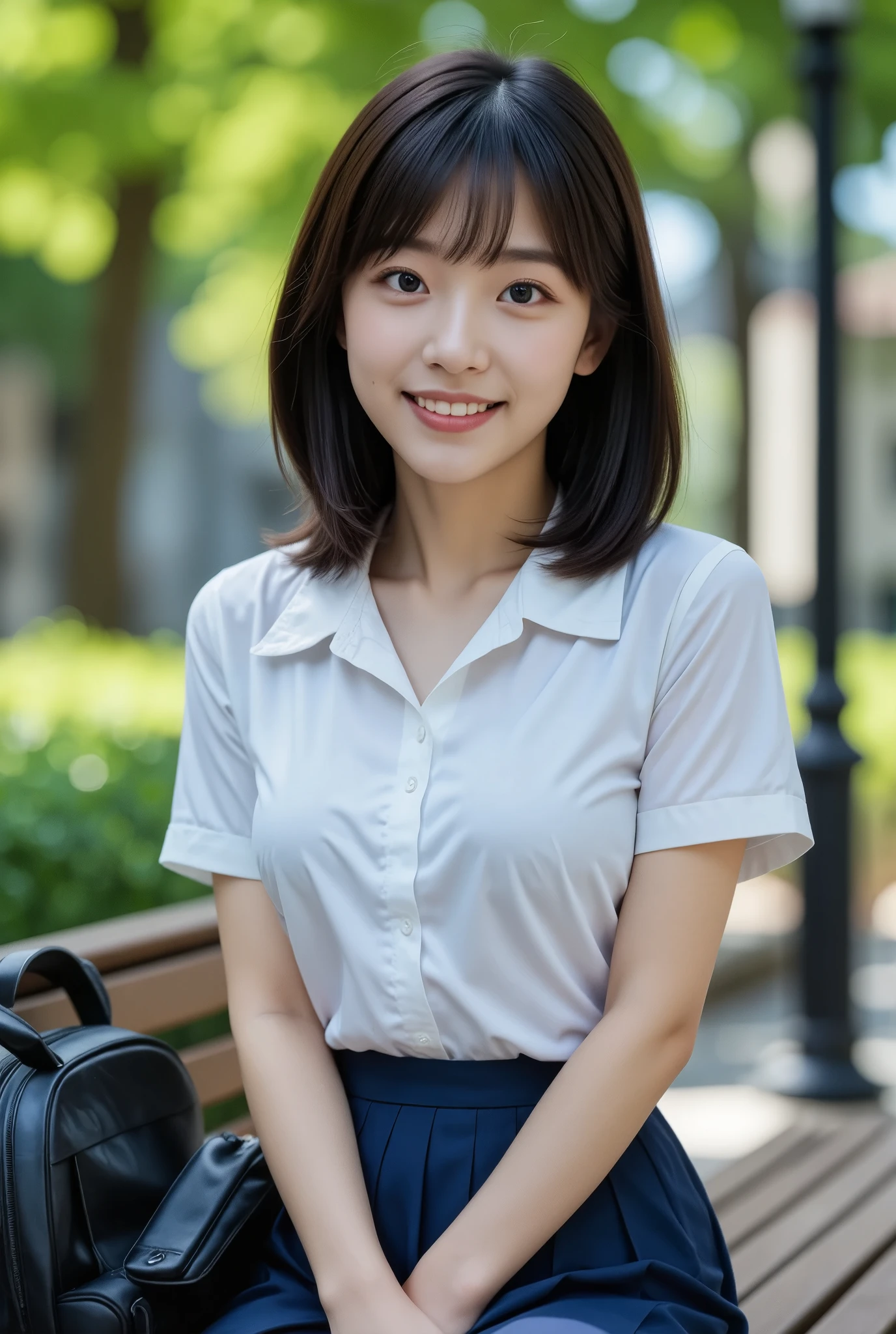 (masterpiece, Best Quality), One girl, Alone, ,View your audience, Young Japanese Woman, High school girl, Beauty, Shiny black hair、With bangs、Slightly longer bob hair, (White shirt, Sailor School Uniform, Navy blue pleated skirt), smile, Sitting on a beautiful park bench, Carry a backpack to school, Actual photo