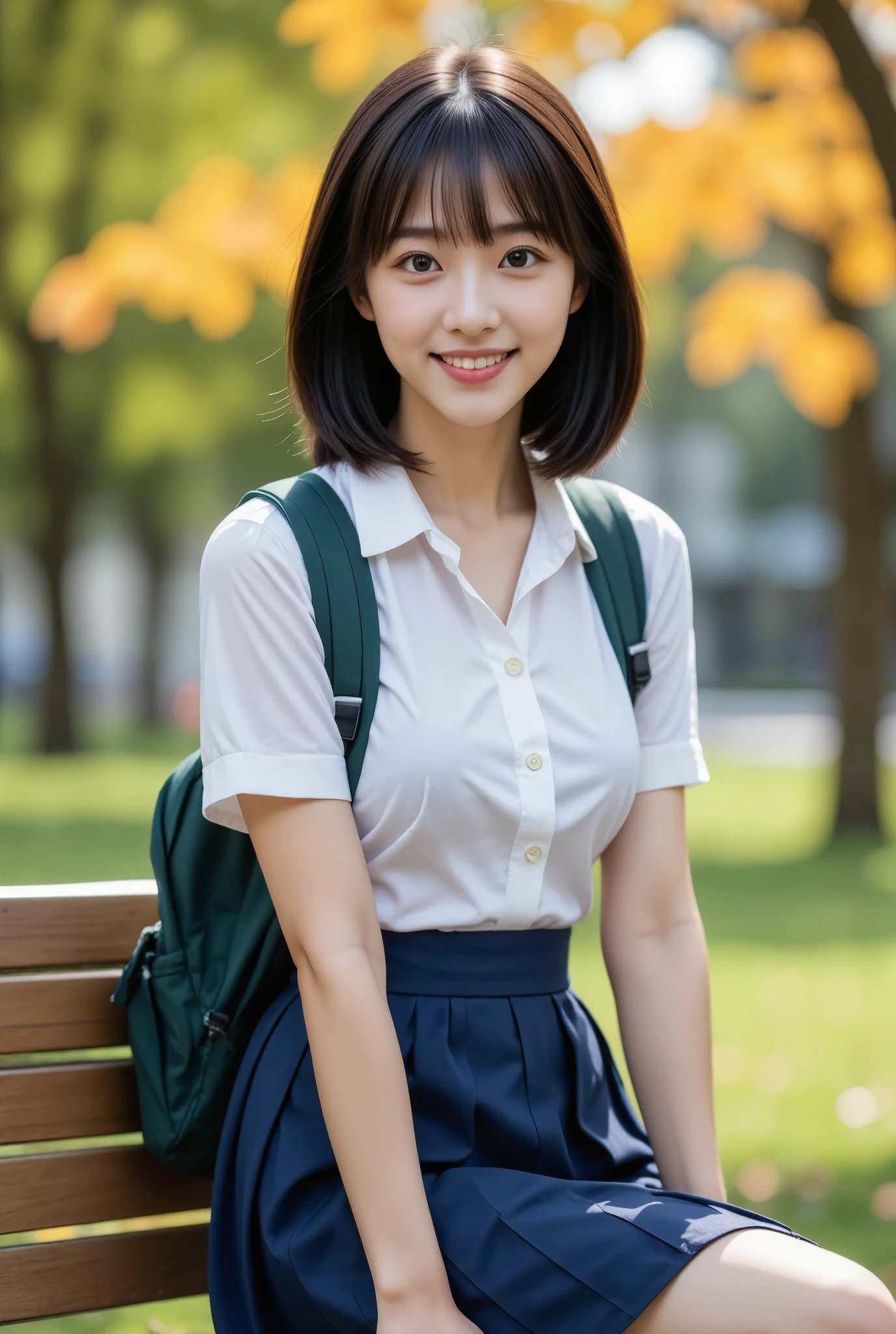 (masterpiece, Best Quality), One girl, Alone, ,View your audience, Young Japanese Woman, High school girl, Beauty, Super cute idol-like face, Big eyes with double eyelids, Beautiful slim figure like a model, Shiny black hair、With bangs、Slightly longer bob hair, (White shirt, Sailor School Uniform, Navy blue pleated skirt), smile, Sitting on a bench in a beautiful autumn park, Carry a backpack to school, Actual photo