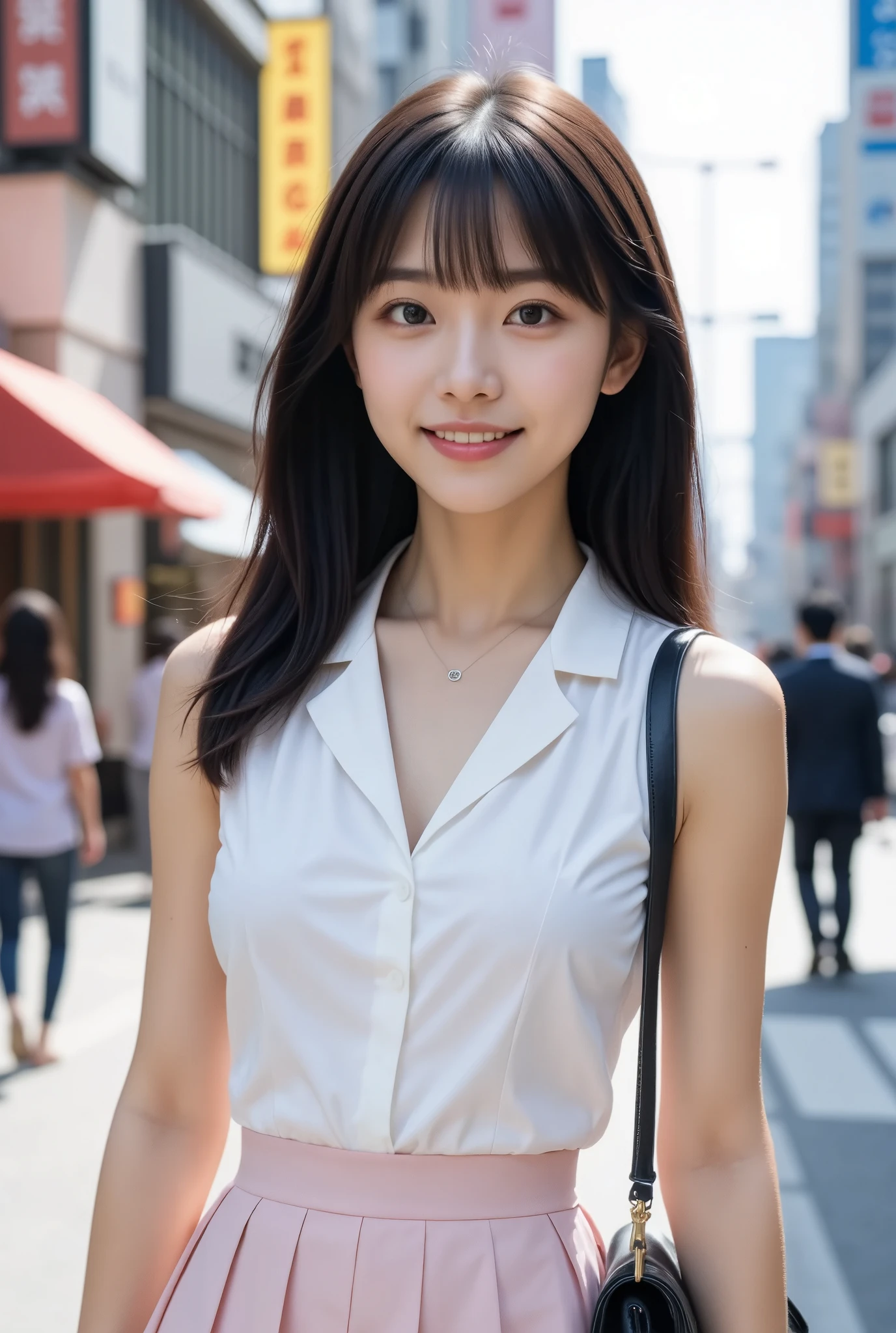 (masterpiece, Best Quality), One girl, Alone, View Audience, Young Japanese Woman, Beautiful woman, Super cute face like an idol, Big eyes with double eyelids, Shiny black hair, bangs, Medium Straight Hair, (White sleeveless shirt, Light pink pleated skirt), smile, Walking the fashionable streets of Shibuya, Tokyo, Shoulder bags, Actual photo,