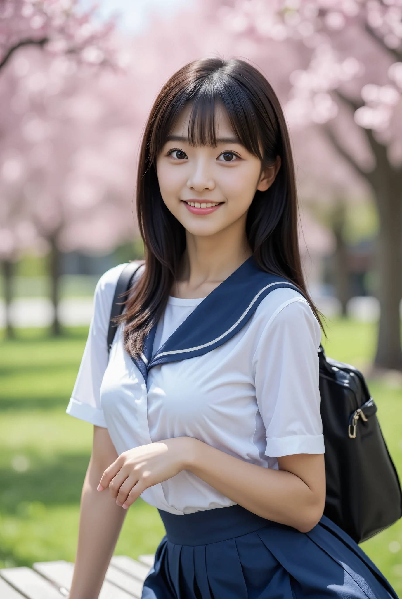 (masterpiece, best quality), 1girl, Alone, ,View your viewers, Young Japanese Woman, High school girl, Beauty, Super cute idol-like face, Large eyes with double eyelids, Beautiful slim figure like a model, Shiny black hair、With bangs、Short Hair, (White sailor school uniform, Navy blue pleated skirt), smile, Sit on a bench in a park lined with beautiful cherry blossom trees, Carry a school backpack, Real Photo