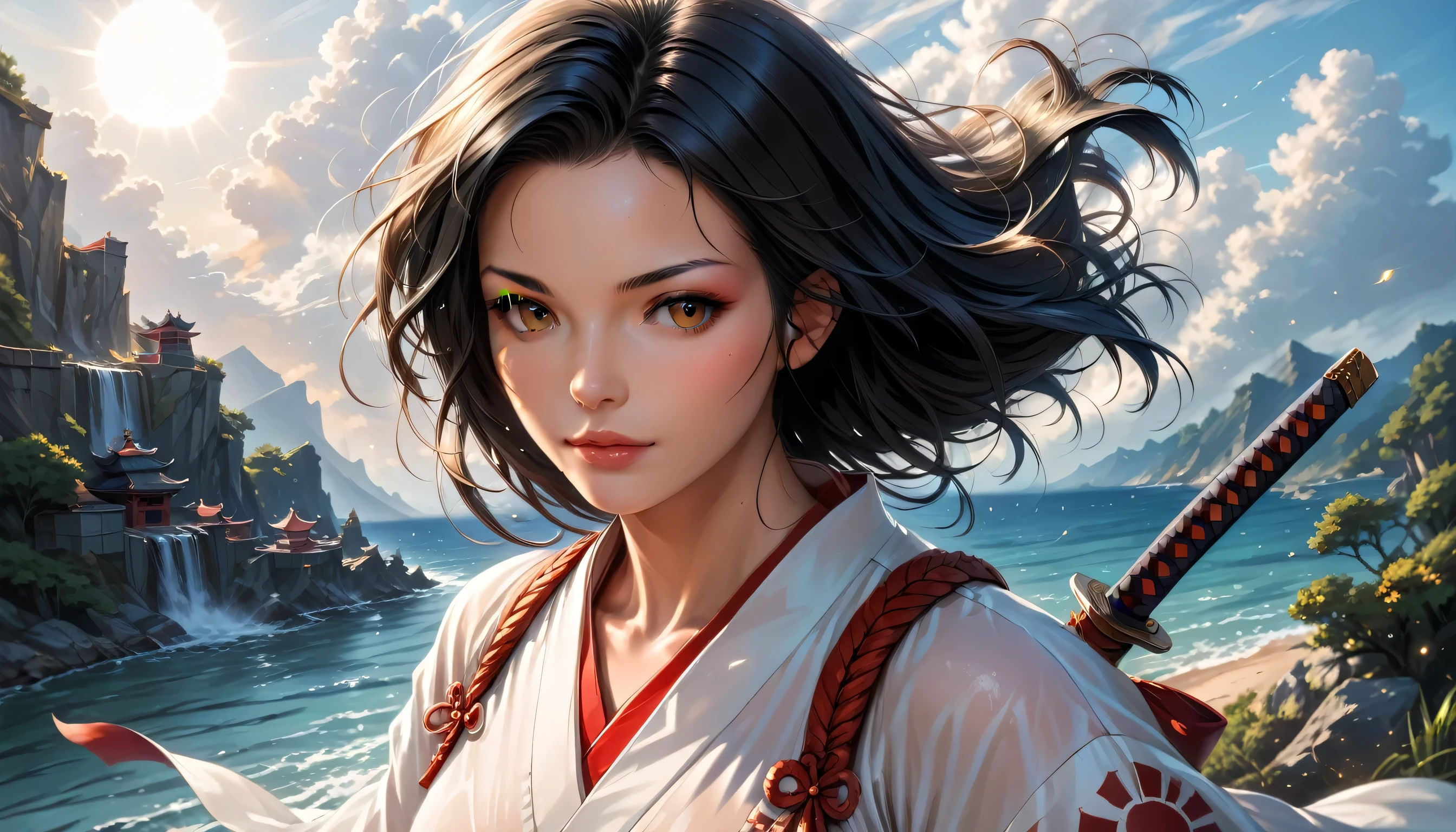 a picture of Japanese female samurai, she has long black hair, wearing samurai armor, armed with a katana, ready for battle, dynamic angle, the sun is setting down in the background, there is a Japanese fortress, Japanese fantasy art, (Masterpiece: 1.5), best quality, 16k, ultra detailed, masterpiece, best quality, (extremely detailed), dynamic angle, ultra wide shot, photorealistic, RAW, fantasy art, dnd art, fantasy art