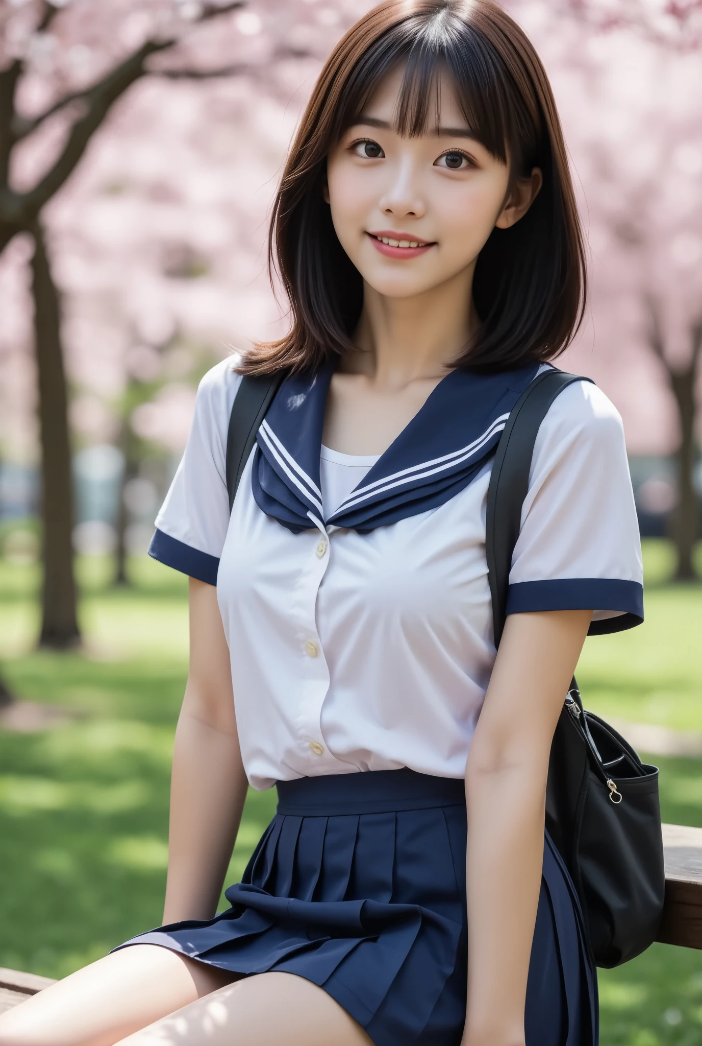 (masterpiece, best quality), 1girl, Alone, ,View your viewers, Young Japanese Woman, High school girl, 16yo, Beauty, Super cute idol-like face, Large eyes with double eyelids, Beautiful slim figure like a model, Shiny black hair、With bangs、Short Hair, (White sailor school uniform, Navy blue pleated skirt), smile, Sit on a bench in a park lined with beautiful cherry blossom trees, Carry a school backpack, Real Photo