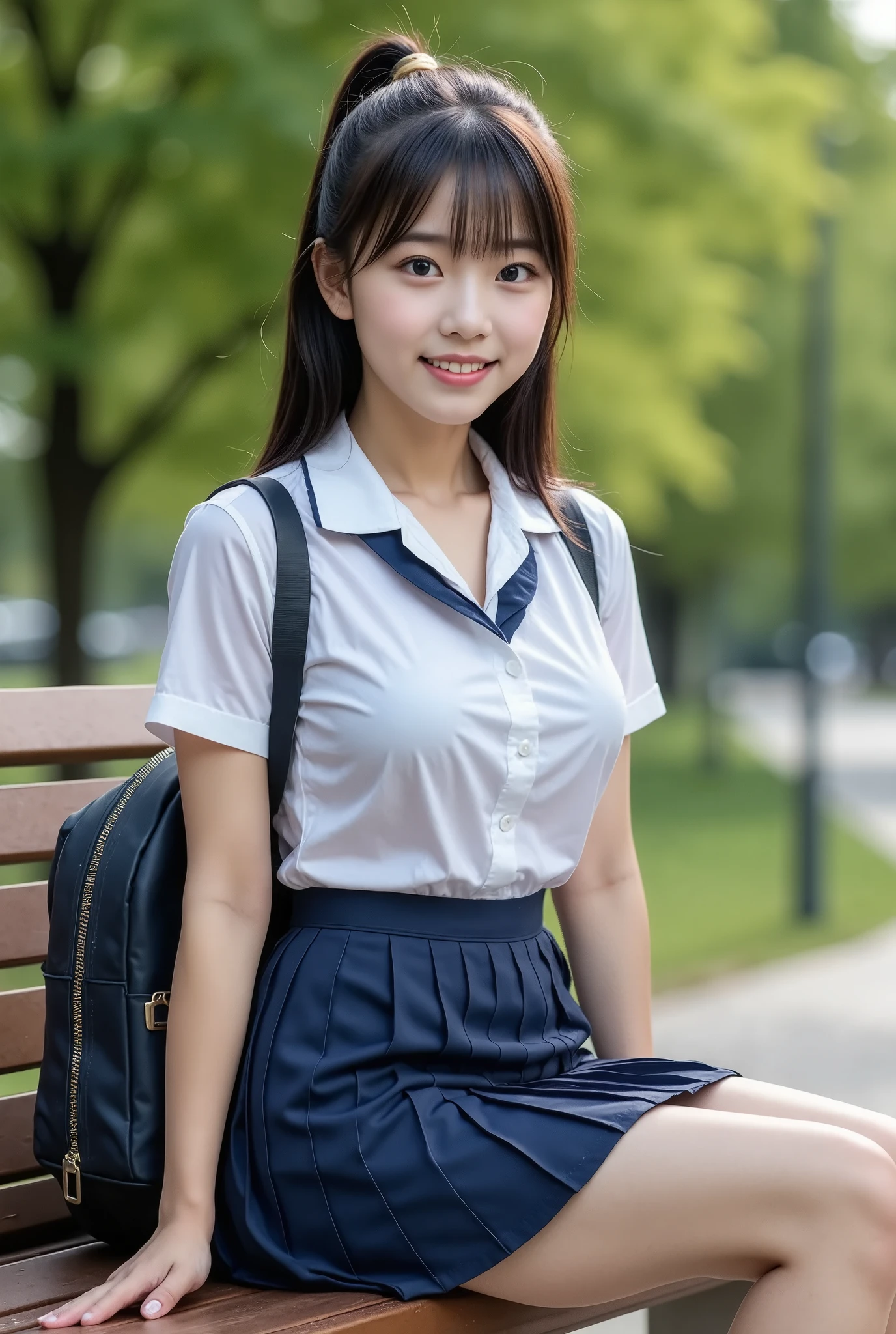 (masterpiece, best quality), 1girl, Alone,  Japanese female high school student, Beauty, 16yo, Super cute idol-like face, Large eyes with double eyelids, Shiny black hair、With bangs、Ponytail Hair, (White shirt, Sailor school uniform, Navy blue pleated skirt), smile, Sitting on a beautiful park bench, Carry a school backpack, Real Photo