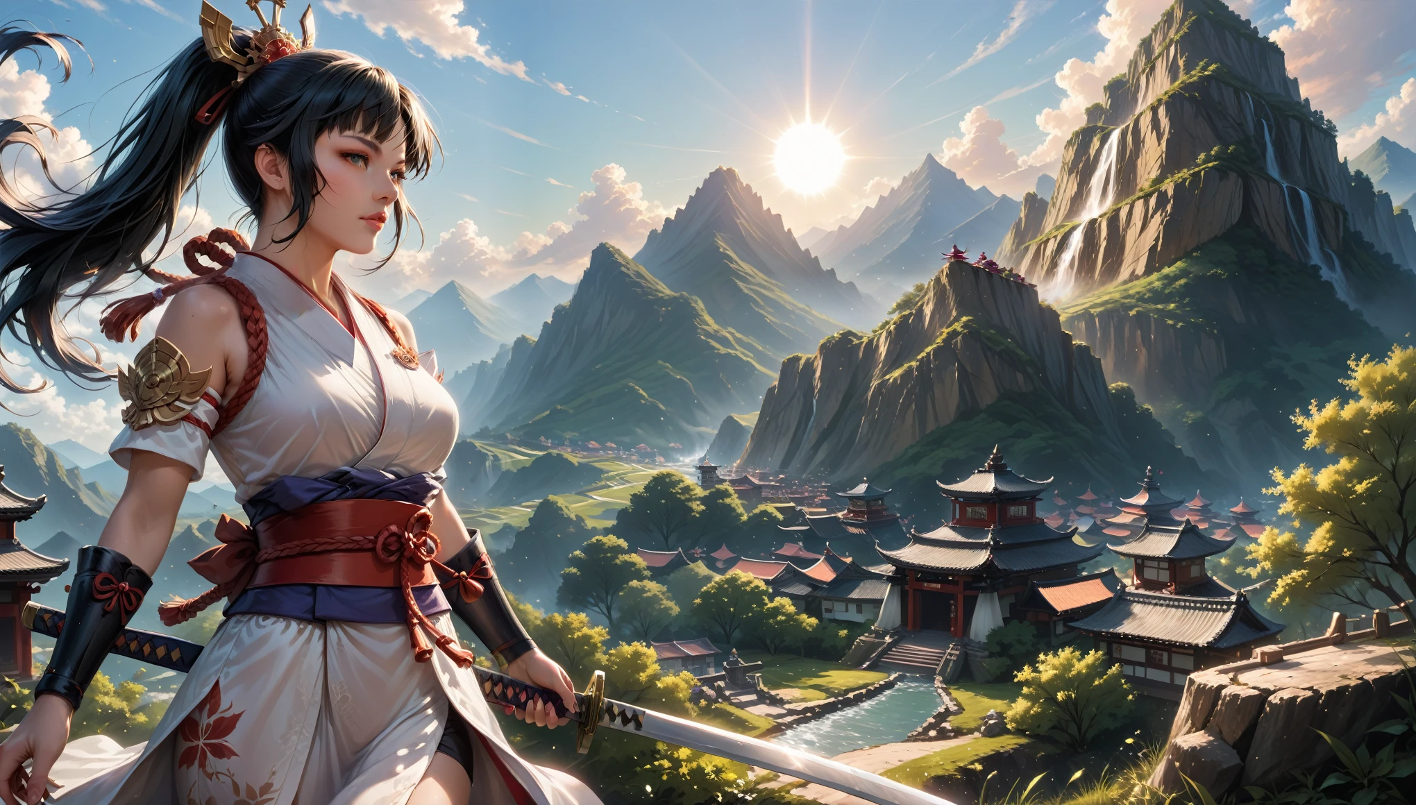 a picture of Japanese female samurai, she has long black hair, wearing samurai armor, armed with a katana, ready for battle, dynamic angle, the sun is setting down in the background, there is a Japanese fortress, Japanese fantasy art, (Masterpiece: 1.5), best quality, 16k, ultra detailed, masterpiece, best quality, (extremely detailed), dynamic angle, ultra wide shot, photorealistic, RAW, fantasy art, dnd art, fantasy art