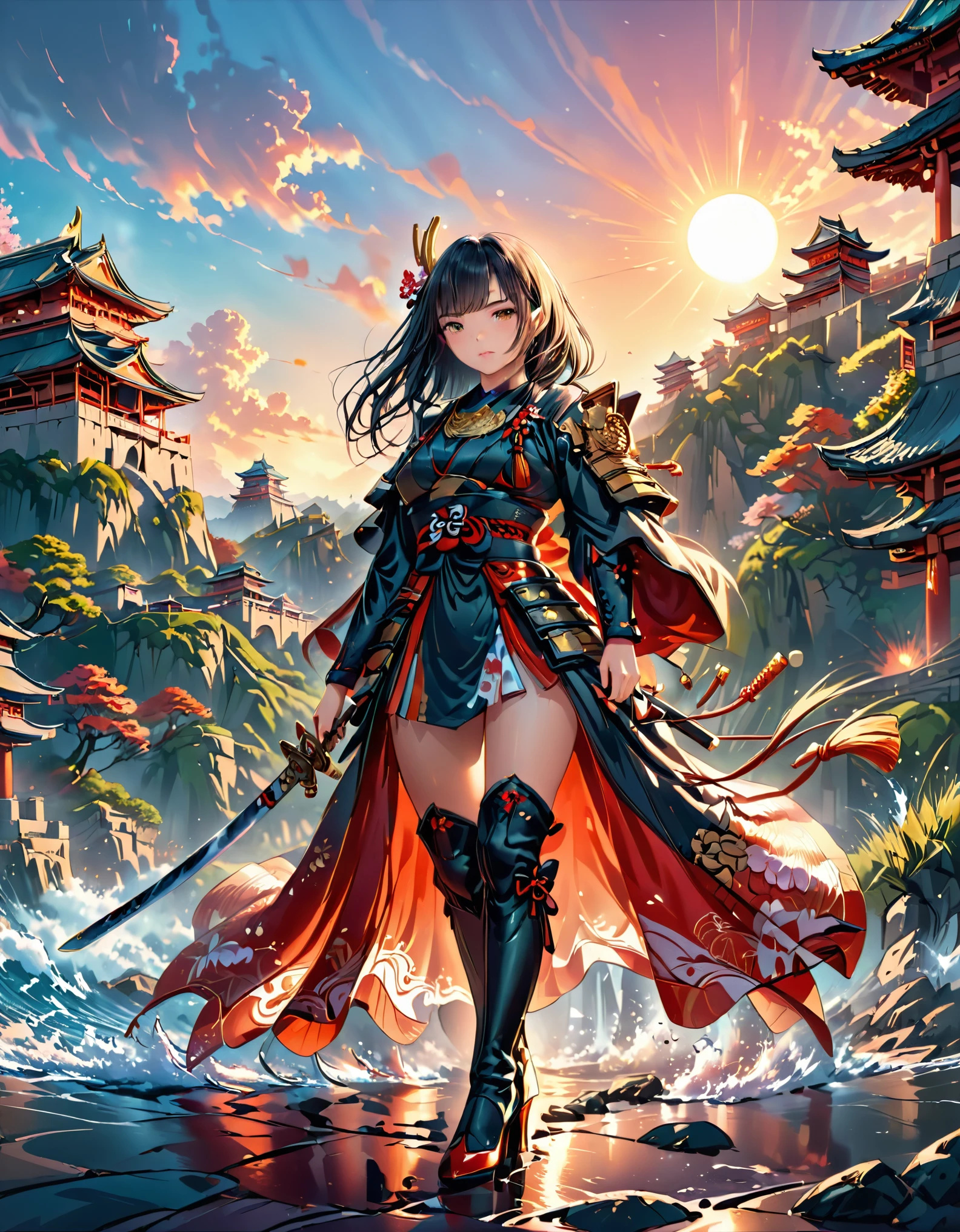 a picture of Japanese female samurai, she has long black hair, wearing samurai armor, armed with a katana, ready for battle, wearing samurai armor, wearing high heels boots, the sun is setting down in the background, there is a Japanese fortress, Japanese fantasy art, (Masterpiece: 1.5), best quality, 16k, ultra detailed, masterpiece, best quality, (extremely detailed), dynamic angle, ultra wide shot, photorealistic, RAW, fantasy art, dnd art, fantasy art, katana