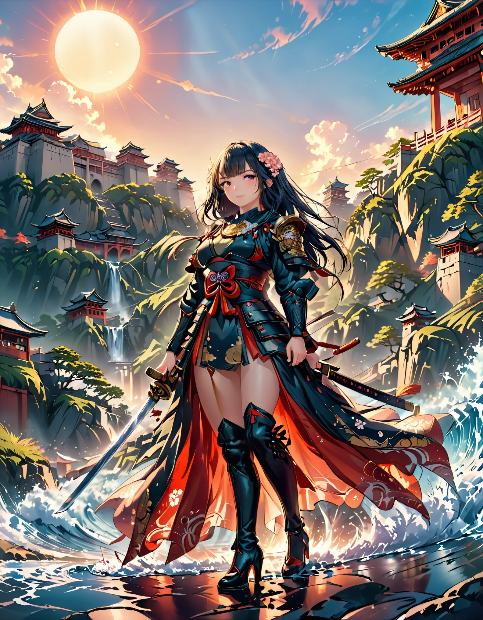 a picture of Japanese female samurai, she has long black hair, wearing samurai armor, armed with a katana, ready for battle, wearing samurai armor, wearing high heels boots, the sun is setting down in the background, there is a Japanese fortress, Japanese fantasy art, (Masterpiece: 1.5), best quality, 16k, ultra detailed, masterpiece, best quality, (extremely detailed), dynamic angle, ultra wide shot, photorealistic, RAW, fantasy art, dnd art, fantasy art, katana