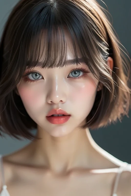 In a dimly lit room、Realistic upper body portrait photo of a woman with short bob hair and perfect face,Accurately depict the top of the head、Big Mouth,Thick lips、Moisturized lips、Thick, plump and shiny lips with a clear lip balm、Fingertips touching lips