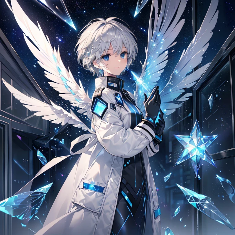 ((Archangel　Fantasy　Gray Hair　Short Hair Blue Eyes　1 person))　((There is a galaxy　Uniform　Please wear your coat without putting your arms through it.))　(((Wings many times larger than mine　Glass Feather)))　((Pillar of Light　Cyberpunk　Smiling Kindly　Front))　((tears　gloves))　(Broken glass　Rolling Pebble　Distorted Space-Time　star)　Catching the Wind　milky way　Shining Background　Particles of light　Iridescent Edge　Shining Edges　star
