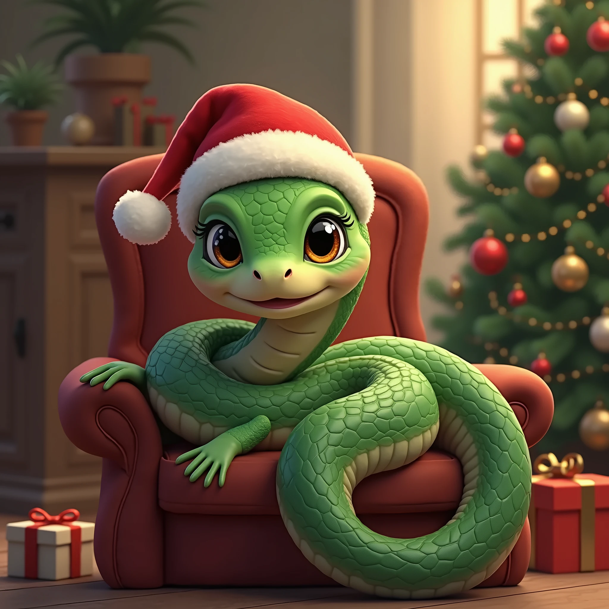 (Best Quality, 4K, 8K, High Resolution, Masterpiece:1.2),Over-detailed, (Realistic, Photorealistic, photorealistic-realistic: 1.37), A cute snake, without paws, A clear texture of green scales, Expressive eyes, a sweet smile, A red Santa hat on his head, A hint of vulnerability, lying on a chair in a playful pose, An artistic illustration of a snake, a New Year's atmosphere, a Christmas tree and gifts nearby. Sophisticated color palette, natural lighting