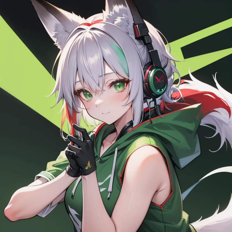 a facial close up of exactly one anthropomorphic red fox wearing a green hoodie and headphones in a cartoony style, detailed facial features, ultra-detailed, 8k, highres, masterpiece, cinematic lighting, vibrant colors, dynamic pose, whimsical, fantasy, digital art