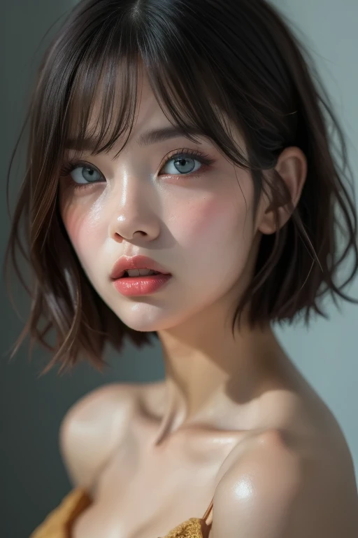 a beautiful woman with asymmetrical short bob haircut, flawless facial features, large open mouth with thick, wet, glossy lips in a dimly lit room, long thick eyelashes , fingertips touching her lips, (best quality,4k,8k,highres,masterpiece:1.2),ultra-detailed,(realistic,photorealistic,photo-realistic:1.37),chiaroscuro lighting,dramatic shadows,dramatic lighting,moody,cinematic,high contrast,warm color tones