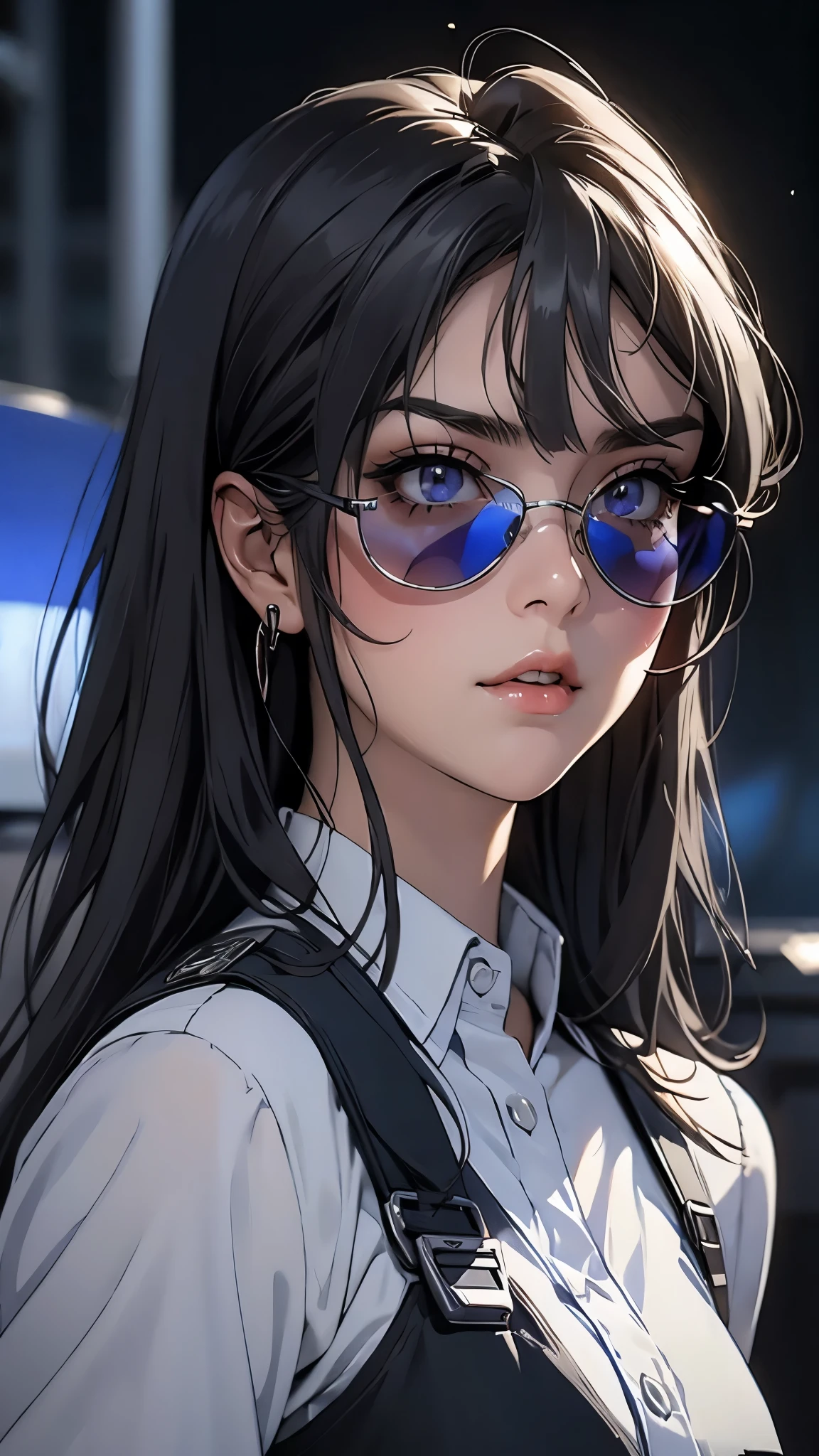 ((Masterpiece)), envision a 8k, highres, cinematic, extremely beautiful semi realistic portrait of a beautiful Asian Girl with a cute face, slender , soft face, straight black hair, side locks, long sweeping bangs, ((deep blue eyes)), soft lips, lip gloss, thick eyebrows, (((ahoge))), ((Blue police uniform)), police hat, riot vest, riot gear, (((black Sunglasses))), mean face, ((smug face)), ((brat)), Sapphire Jewels, ((shoulder holster)), ((((1girl)))), in dark lighting, against a dark gray background