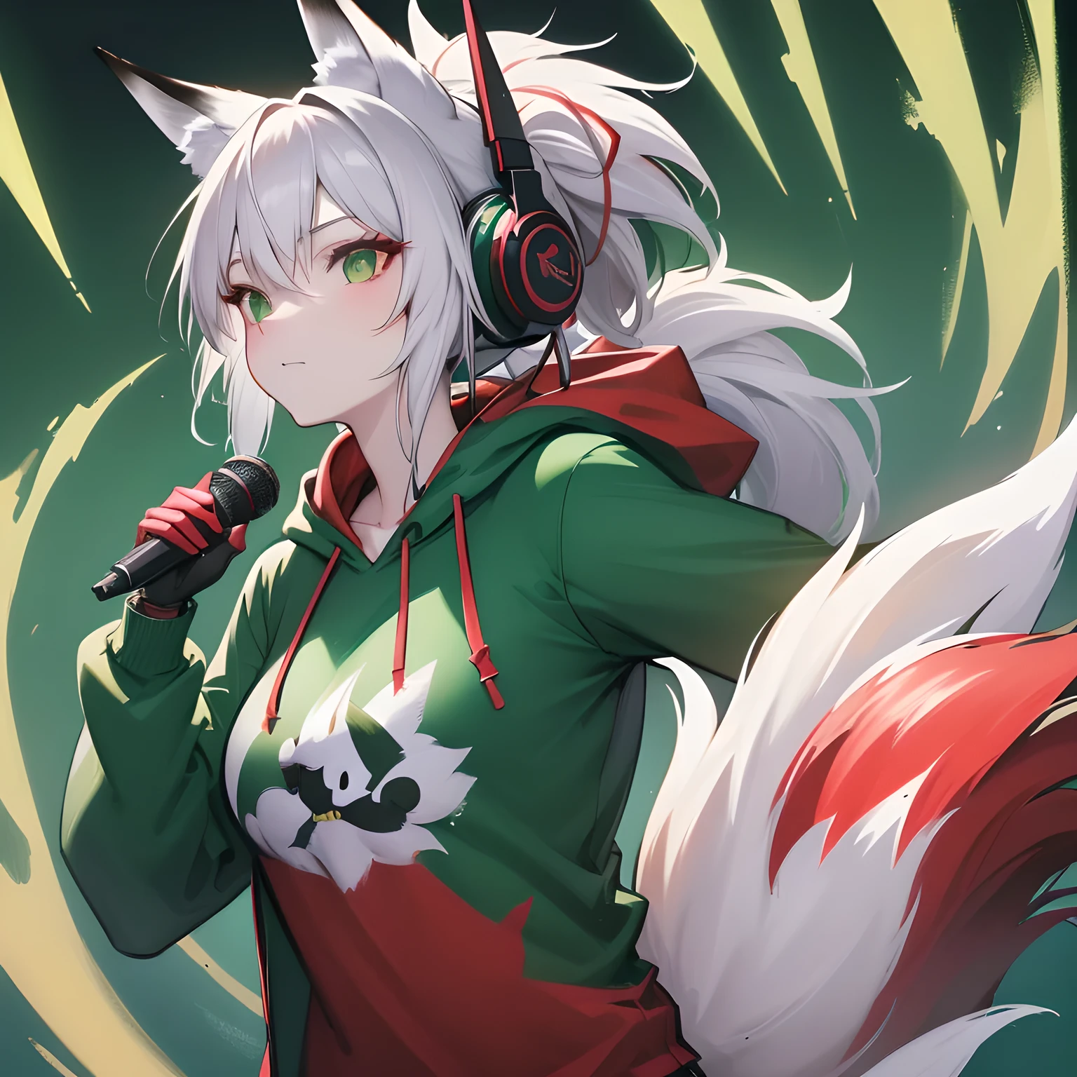 a facial close up of exactly one anthropomorphic red fox wearing a green hoodie and headphones in a cartoony style, detailed facial features, ultra-detailed, 8k, highres, masterpiece, cinematic lighting, vibrant colors, dynamic pose, whimsical, fantasy, digital art