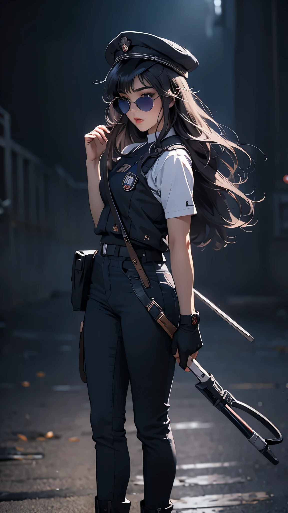 ((Masterpiece)), envision a 8k, highres, cinematic, extremely beautiful semi realistic portrait of a beautiful Asian Girl with a cute face, slender , soft face, straight black hair, side locks, long sweeping bangs, ((deep blue eyes)), soft lips, lip gloss, thick eyebrows, (((ahoge))), ((Blue police uniform)), police hat, riot vest, riot gear, (((black Sunglasses))), mean face, ((smug face)), ((brat)), Sapphire Jewels, ((shoulder holster)), tight pants, combat boots, gloves, full body view, ((((1girl)))), in dark lighting, against a dark gray background