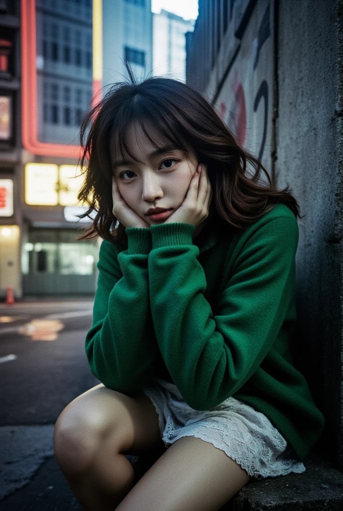 A cinematic film photo shoot in honkong city street, shot on mamiya R67 with 35mm lens and f-1.4, intricate high angle view, there was a young pretty japanese idol girl with emotional expression and beautiful ayes, sitting astride on the concrete fence with graffiti art, right hands on the neck and left hand on the head, dynamic pose, in minimal lace dress in oversize old green sweater jacket with sneakers, open your legs, messy long hairstyle, natural moody, poetic style, reality of life, late afternoon, windy, dramatic neon light and ambient, very ultra highly detailed, sharp focus, extremely high quality photo, film bokeh, japanese analog film photo looks, photoreal