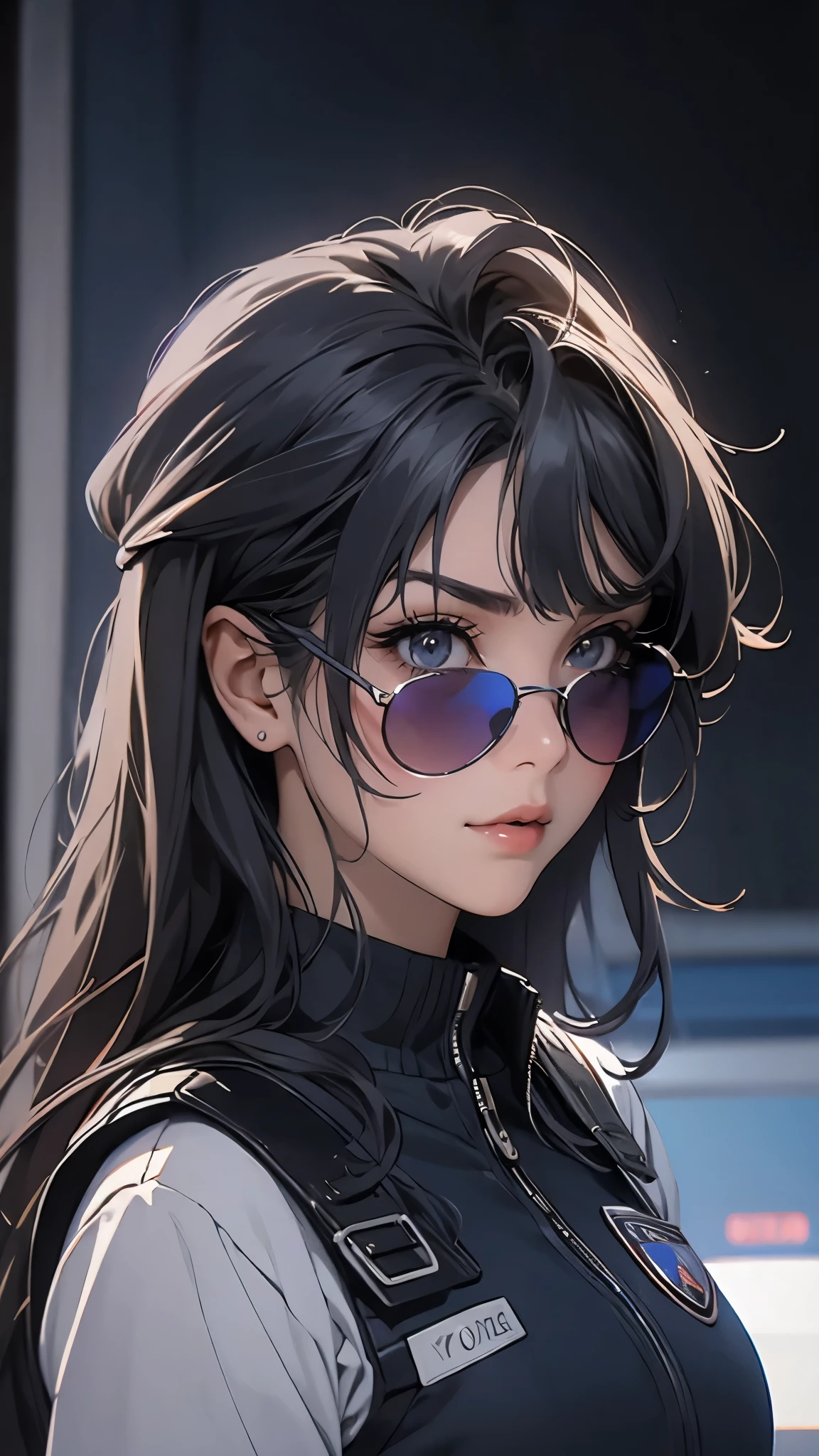 ((Masterpiece)), envision a 8k, highres, cinematic, extremely beautiful semi realistic portrait of a beautiful Asian Girl with a cute face, slender , soft face, straight black hair, side locks, long sweeping bangs, ((deep blue eyes)), soft lips, lip gloss, thick eyebrows, (((ahoge))), ((Blue police uniform)), police hat, riot vest, riot gear, (((black Sunglasses))), mean face, ((smug face)), ((brat)), Sapphire Jewels, ((shoulder holster)), ((((1girl)))), in dark lighting, against a dark gray background