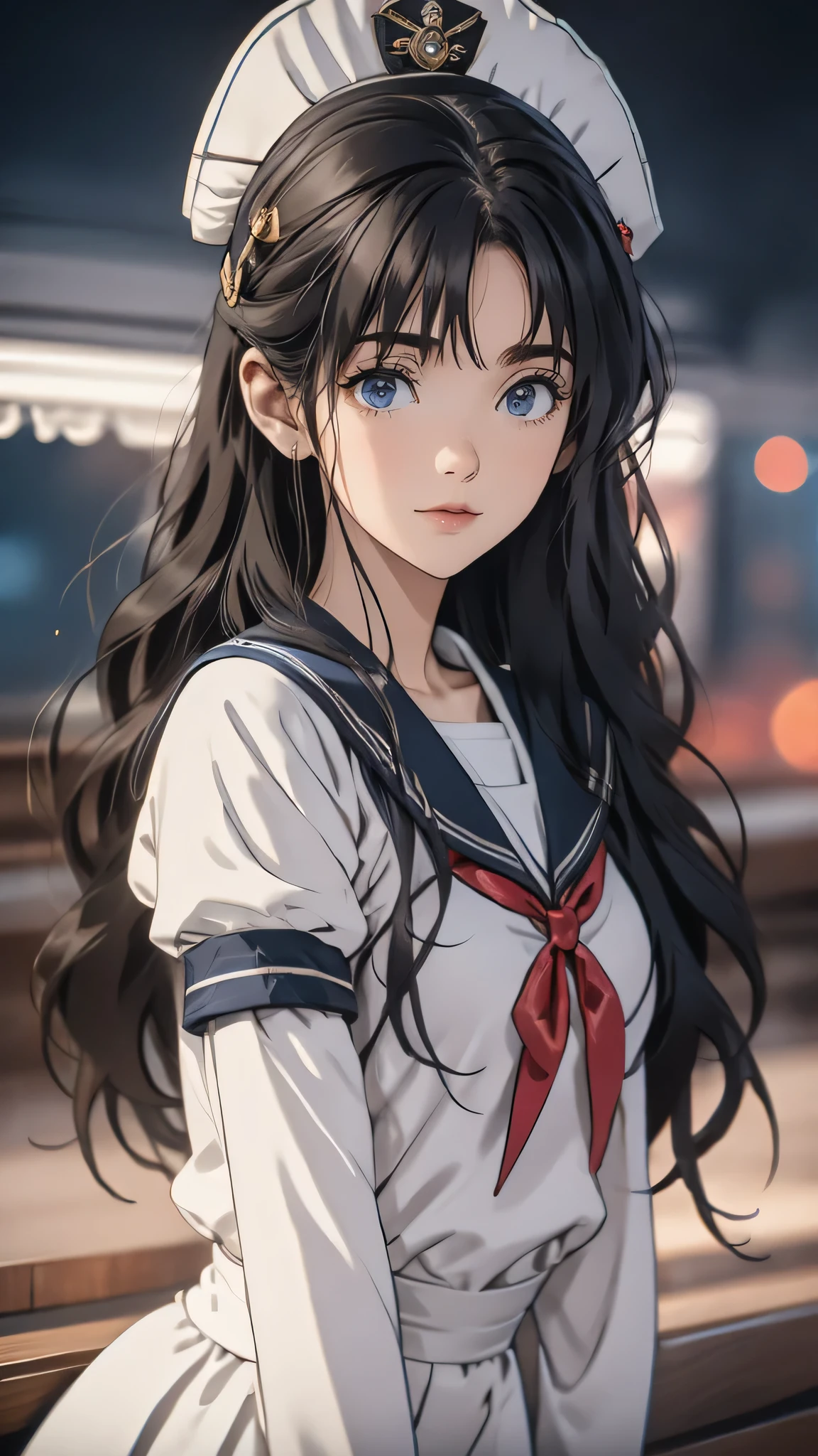 ((Masterpiece)), envision a 8k, highres, cinematic, extremely beautiful semi realistic close up portrait of a beautiful mature lady with a strong face, slender body, , sweet face, sailor uniform ,  ((long wavy black hair)), blush, smile, flustered, side locks,  round face, long sweeping bangs, blue eyes, soft lips, lip gloss, thick eyebrows, round face, ((((1girl)))), in dark lighting, against a dark gray background