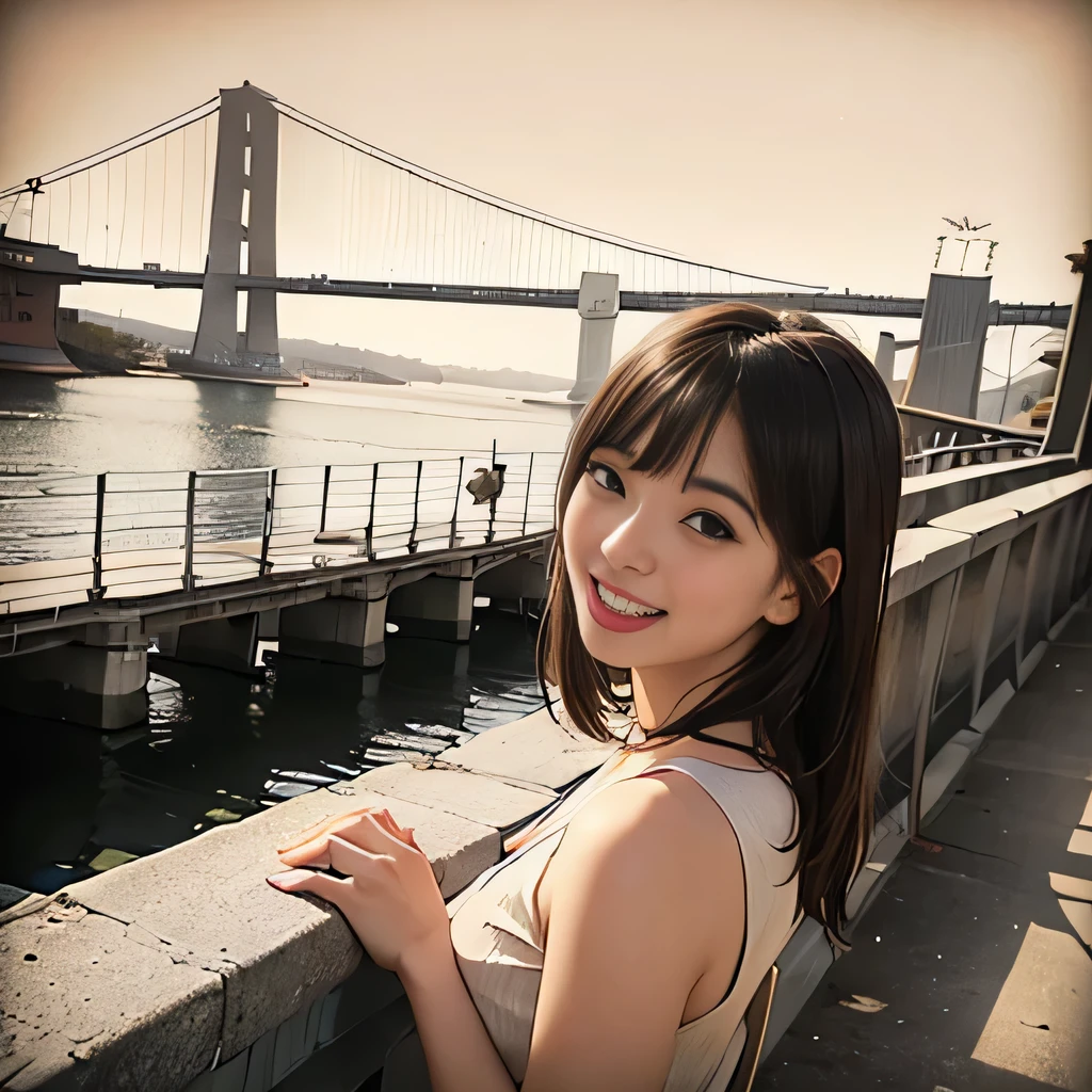 masterpiece, realistic, (1girl, laugh, akashi kaikyo bridge:1.3), (sepia), (nostalgia:1.3),