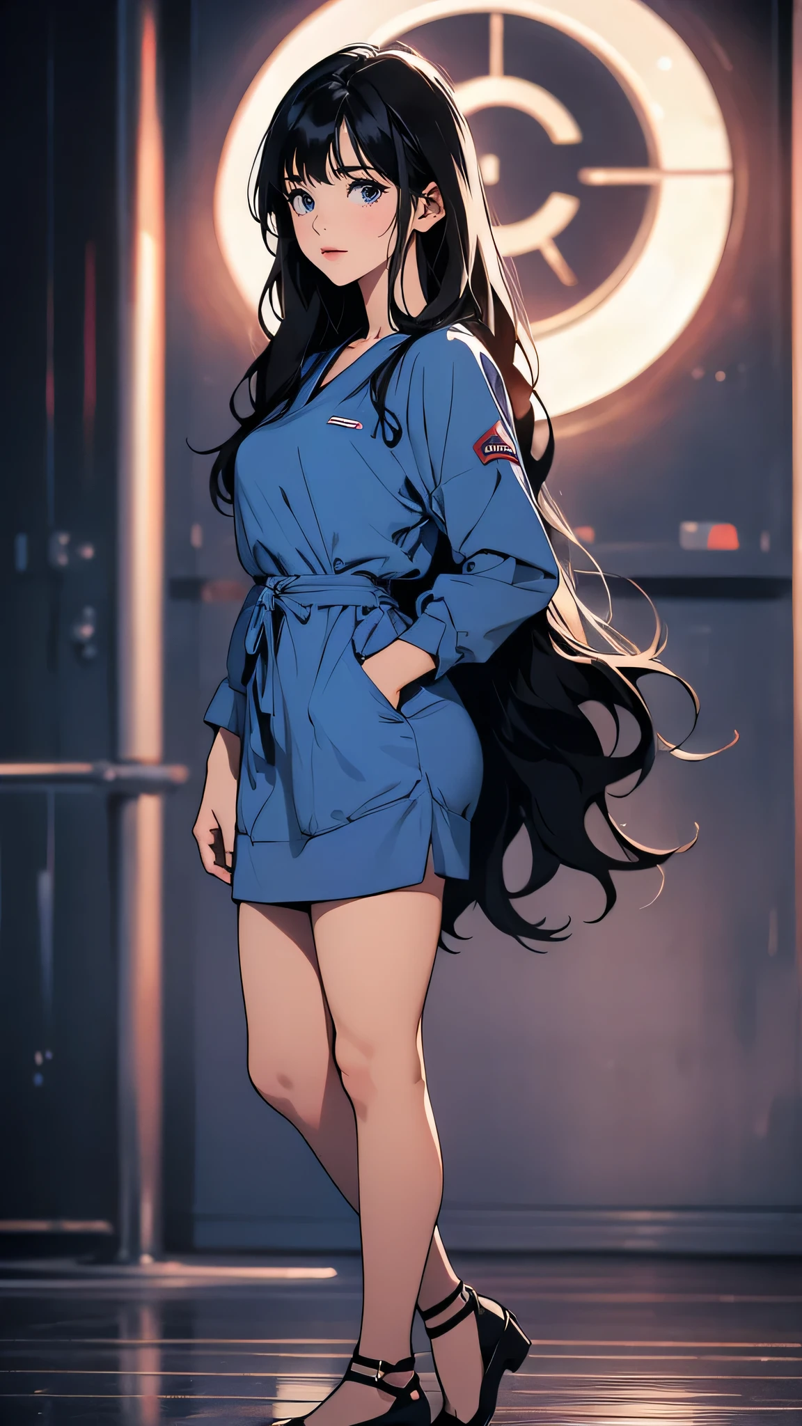 ((Masterpiece)), envision a 8k, highres, cinematic, extremely beautiful semi realistic full body pinup of a beautiful mature lady with a strong face, slender body, , sweet face, blue nurse scrubs, ((long wavy black hair)), blush, smile, flustered, side locks,  round face, long sweeping bangs, blue eyes, soft lips, lip gloss, thick eyebrows, round face, ((((1girl)))), in dark lighting, against a dark gray background