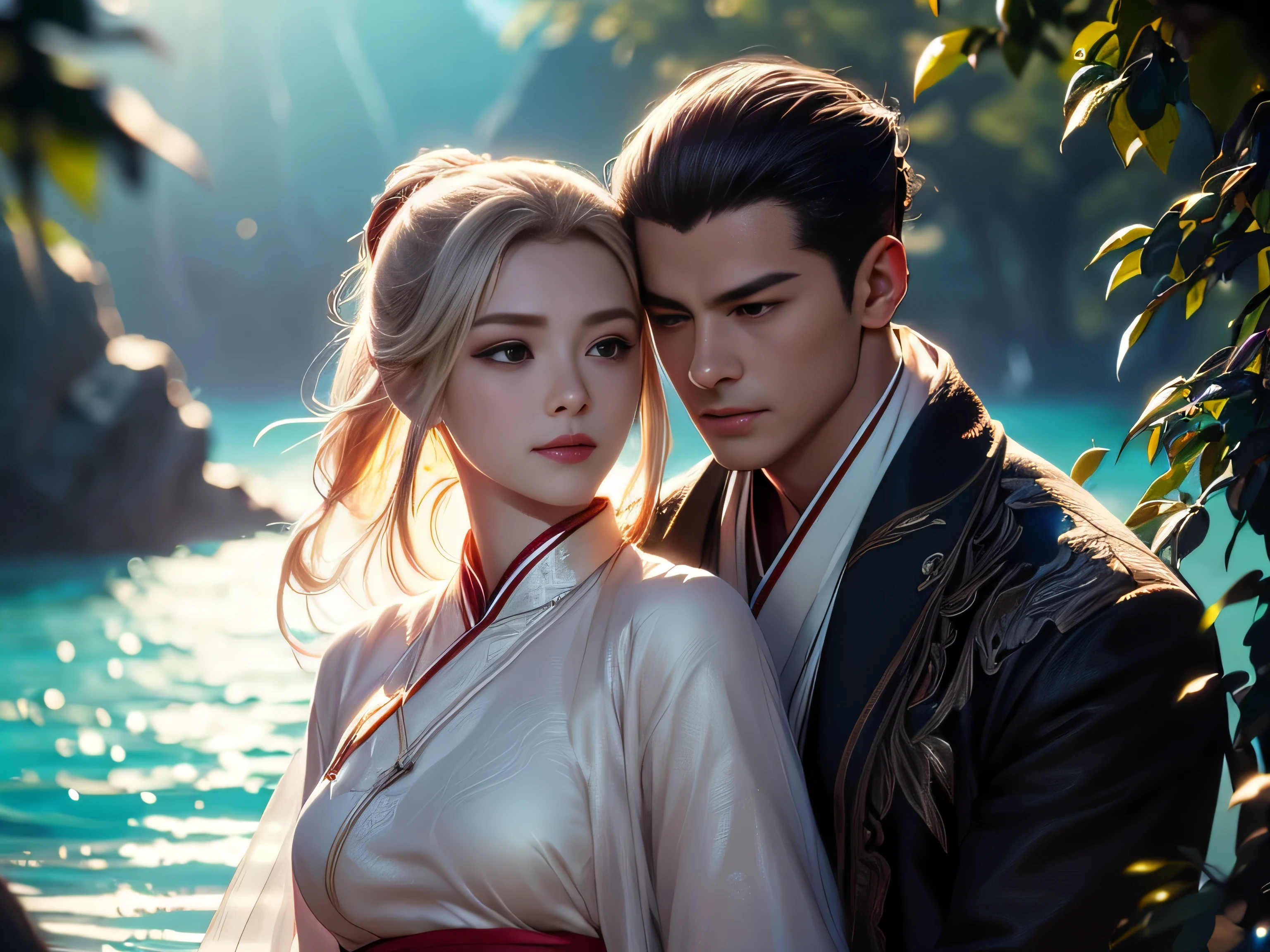 (Best Quality, Super Detail, Masterpiece, Representative Work, Official Art, Professional, Super Fine Detail, 8k:1.3), (photorealism:1.2), (Couple, Beautiful Girl and Boy), A couple in the sea of flowers, Handsome guy hugs beautiful girl from behind, Smiling and Wearing White Clothes, Delicate Hair, Chinese Beauty and Handsome Man, Wearing Ancient Chinese Clothes, Flowing Tulle, Light Silk, Create a movie poster similar to those used in Chinese romantic fantasy dramas, Correct proportions, Perfect face, perfect hands, Sweet atmosphere, Photorealistic, Sharp Focus, Dreamy Atmosphere, Delicate Details, Soft Volumetric Light, (Backlight:1.3), (Cinematic:1.2), Intricate Details, (ArtStation:1.3)