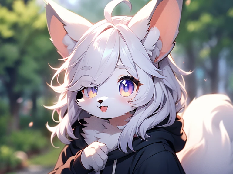 Furry boy cute fox hair covering one eye cute background 