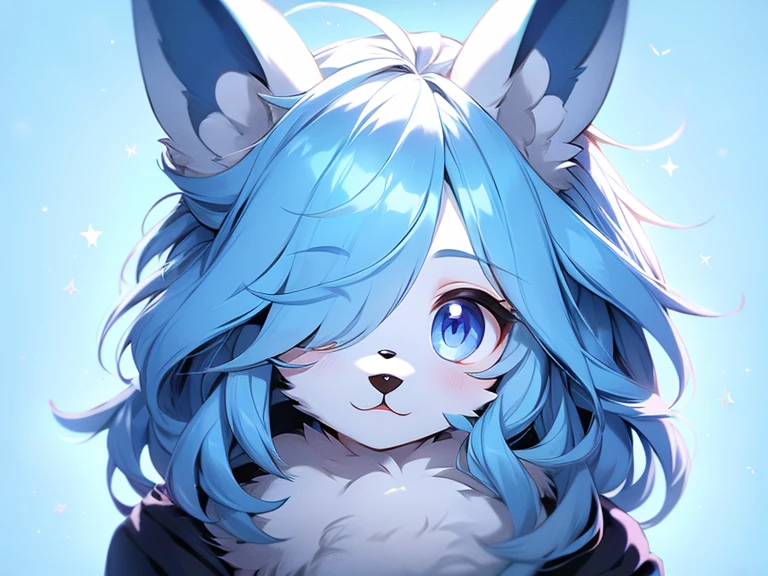 Furry boy, cute bunny, hair covering one eye, cute blue background 