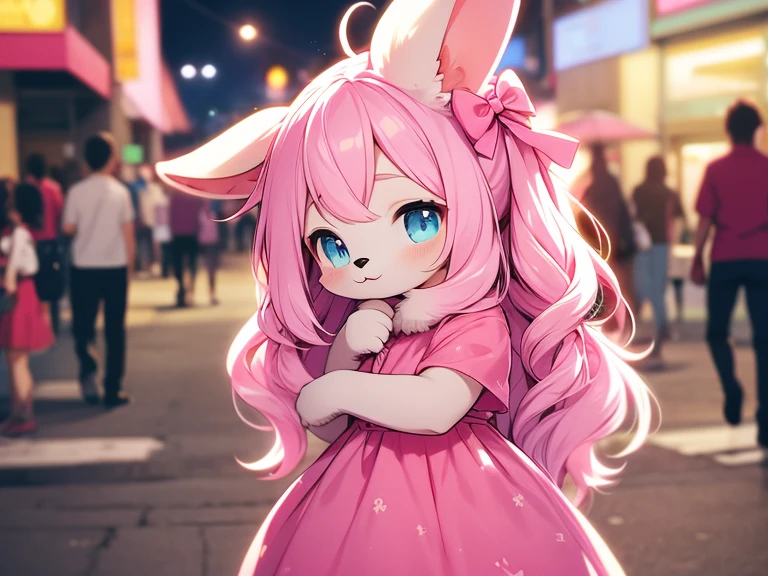 Cute pink rabbit furry girl, cute pink dress, cute long hair, cute background 