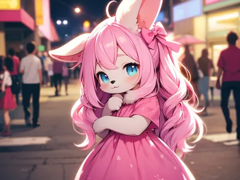 cute pink rabbit furry girl, cute pink dress, cute long hair, cute background