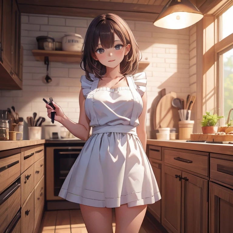 full body Waifu beautiful detailed eyes, beautiful detailed lips, extremely detailed eyes and face, longeyelashes, 1girl, sensual, young woman, sexy medium / large breasts, beautiful feminine face, nice sexy thighs, slim, sexy, erotic, beautiful clothes, perfect body, perfect anatomy of female, cinematic lighting and framing, (best quality,4k,8k,highres,masterpiece:1.2),ultra-detailed,digital painting,portrait,glamorous,highly detailed,soft lighting, vivid color tones ((masterpiece)), ((best quality)), (ultra-detailed)  Girl with dream of becoming a pastry chef。She wears a pink apron and a white shirt.、Her hair is in a brown ponytail。Although she is making cakes and cookies in the kitchen、Very skillful and amazingly skillful。She kneaded the dough or、Put it in a mold、It depicts how to decorate、Her face is a mixture of seriousness and fun。In the background, there are showcases and registers with her works.、Make you feel the atmosphere of the store。She's working hard to achieve her dream.、Makes you want to support those who are watching