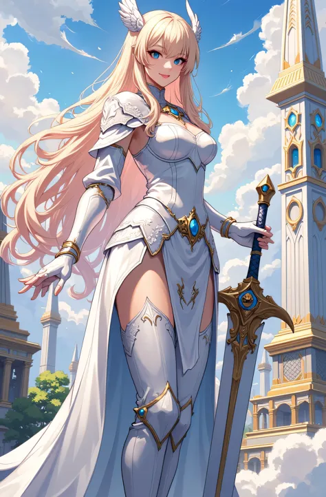 4k,high resolution,one woman,blonde,long hair,blue eyes,big breasts,valkyrie,white holy armor,white armor long boots,white armor...