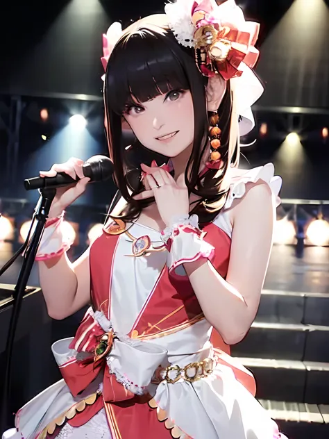 1 female, alone, hime cut, bangs, long hair, japanese idol costumes, idol dress, concert、smile, concert lighting