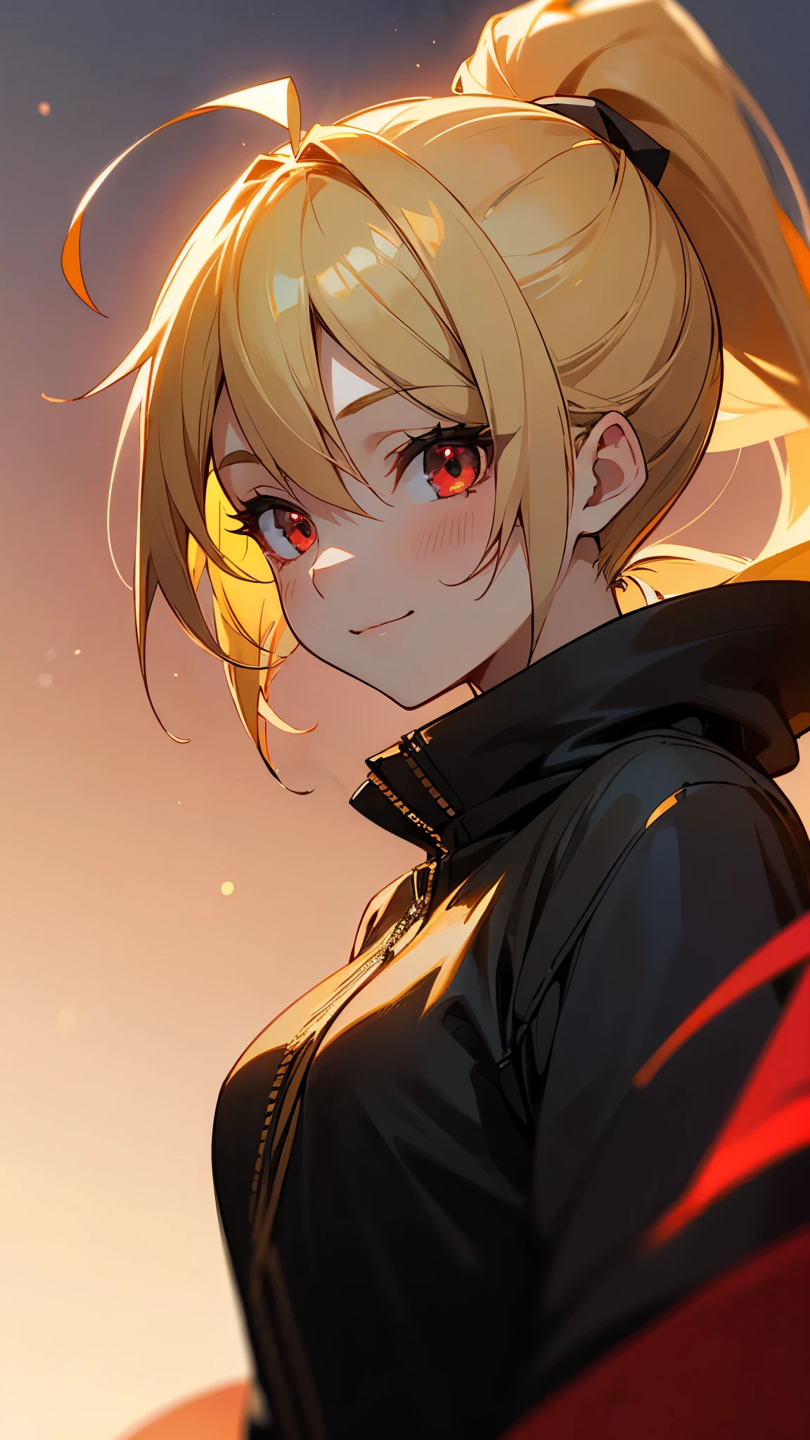 1 Girl、Sharp Focus、(Bokeh) (Best Quality) (Skin definition:1.3) (Fine details) (anime)、 age、Blonde ponytail、Ahoge、Beautiful red eyes、Black rider jacket、smile、shirt、Slender body、From the side、Upper body close-up、Golden Hour Sky