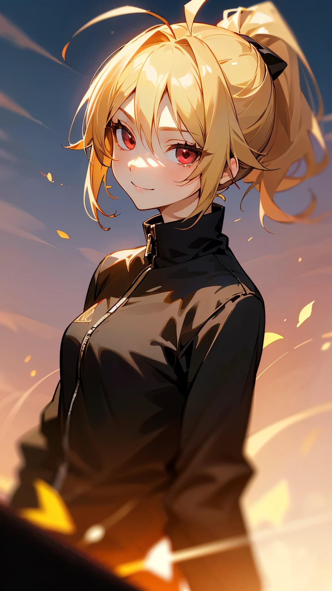 1 Girl、Sharp Focus、(Bokeh) (Best Quality) (Skin definition:1.3) (Fine details) (anime)、 age、Blonde ponytail、Ahoge、Beautiful red eyes、Black rider jacket、smile、shirt、Slender body、From the side、Upper body close-up、Golden Hour Sky