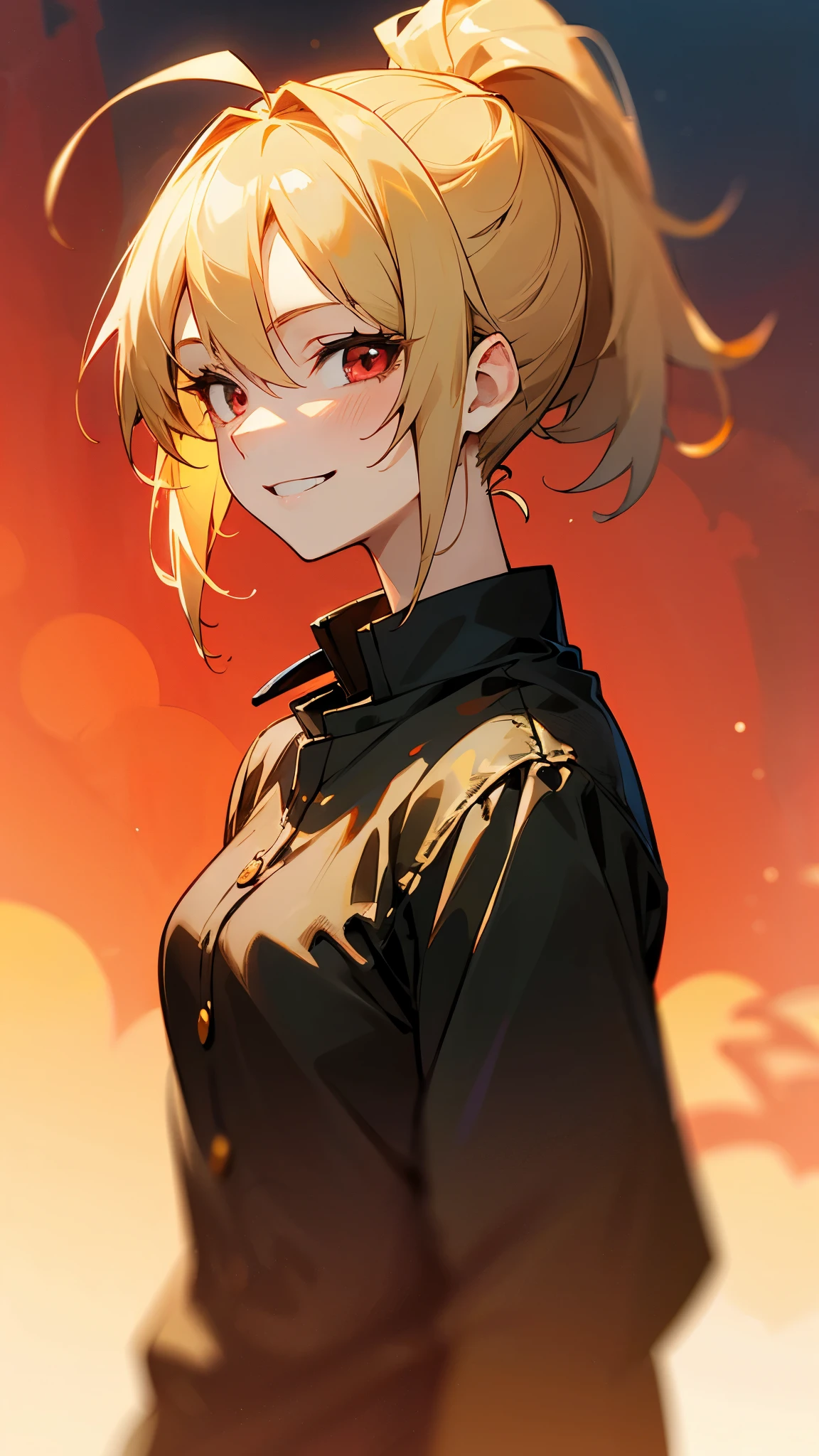 1 Girl、Sharp Focus、(Bokeh) (Best Quality) (Skin definition:1.3) (Fine details) (anime)、 age、Blonde ponytail、Ahoge、Beautiful red eyes、Black rider jacket、Grin、shirt、Slender body、From the side、Upper body close-up、Golden Hour Sky