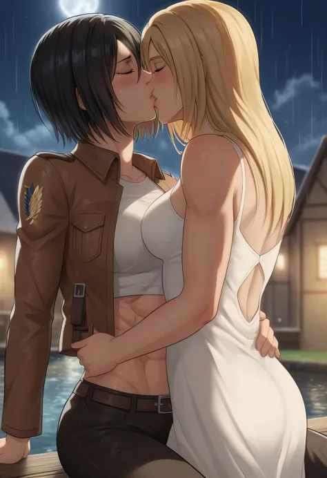 score_9, score_8_up, score_7_up, BREAK source_anime, historia reiss, blue eyes, blonde hair, long hair, medium breasts, long white dress sleeveless,female black hair soldier hugs historia,Mikasa with historia hugs,mikasa wreanig open green jacket black sport bra and black combat pants,Mikasa female with short hair,mikasa female medium breasts,eyes closed,in night,moon in sky,mikasa final season,mikasa,Mikasa hugs historia،mikasa femboy,mikasa final season,historia blonde hair,hugs and kissing,mikasa carrying historia and kissing her,Mikasa lifts Historia up and kisses her.in middle night,raining outside,mikasa final season,girls kissing,girl×girl,lesbians,yuri,romantic wallpapers,historia sitting on mikasa and kissing her,Mikasa in both hands touch historia ass, raining,wet body's,water dropped on mikasa and historia body's,mikasa final season design,character's from season 4,historia crying while kissing mikasa,crying both,one of Historia hands touch mikasa abs,romantic kissing,mikasa abs appear in her open jacket,