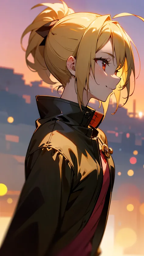 1 girl、sharp focus、(bokeh) (best quality) (skin definition:1.3) (fine details) (anime)、 age、blonde ponytail、ahoge、beautiful red ...