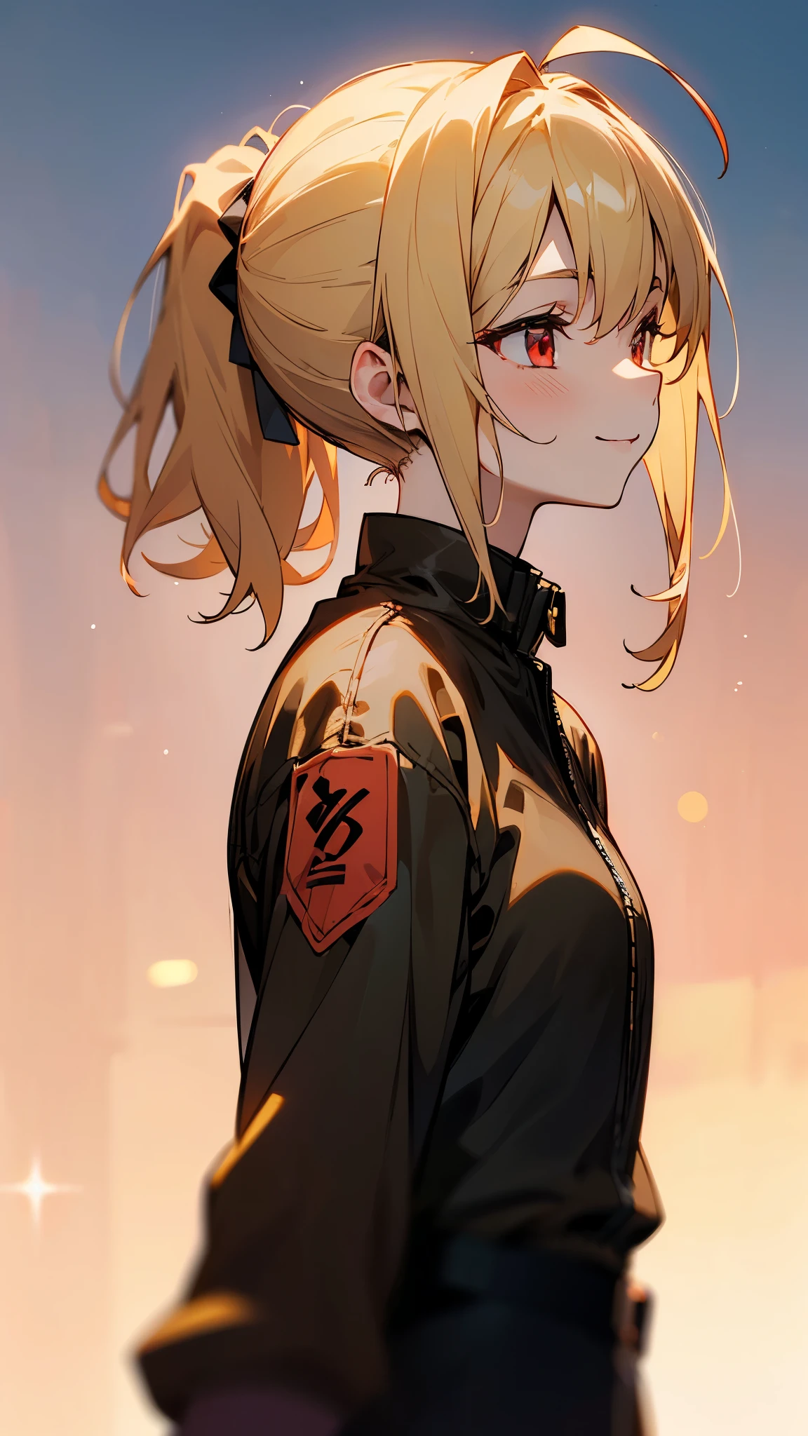 1 Girl、Sharp Focus、(Bokeh) (Best Quality) (Skin definition:1.3) (Fine details) (anime)、 age、Blonde ponytail、Ahoge、Beautiful red eyes、Black rider jacket、smile、profile、shirt、Slender body、From the side、Upper body close-up、Golden Hour Sky