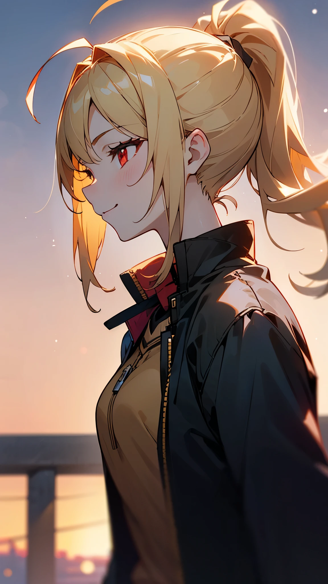 1 Girl、Sharp Focus、(Bokeh) (Best Quality) (Skin definition:1.3) (Fine details) (anime)、 age、Blonde ponytail、Ahoge、Beautiful red eyes、Black rider jacket、smile、profile、shirt、Slender body、From the side、Upper body close-up、Golden Hour Sky